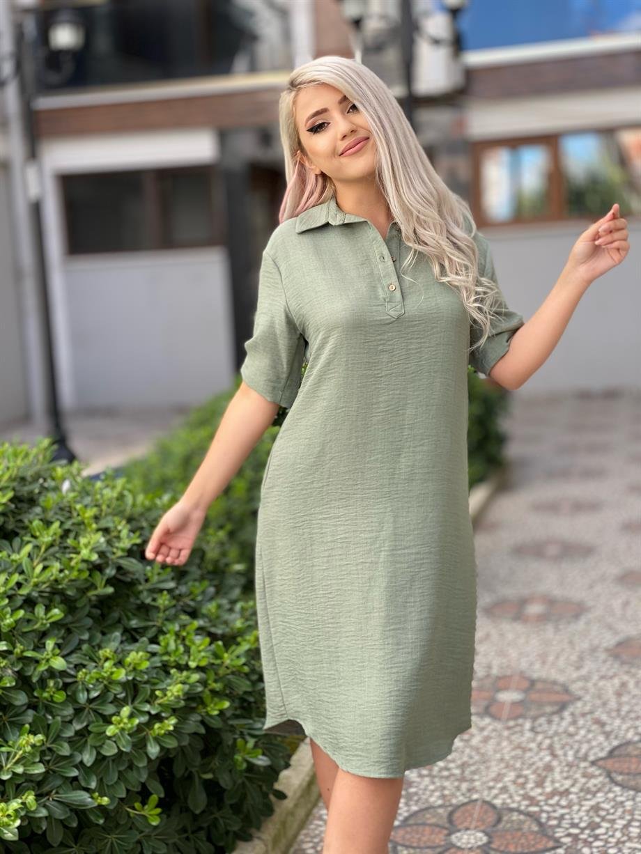 Gömlek Yaka Ham Keten Mavi Elbise