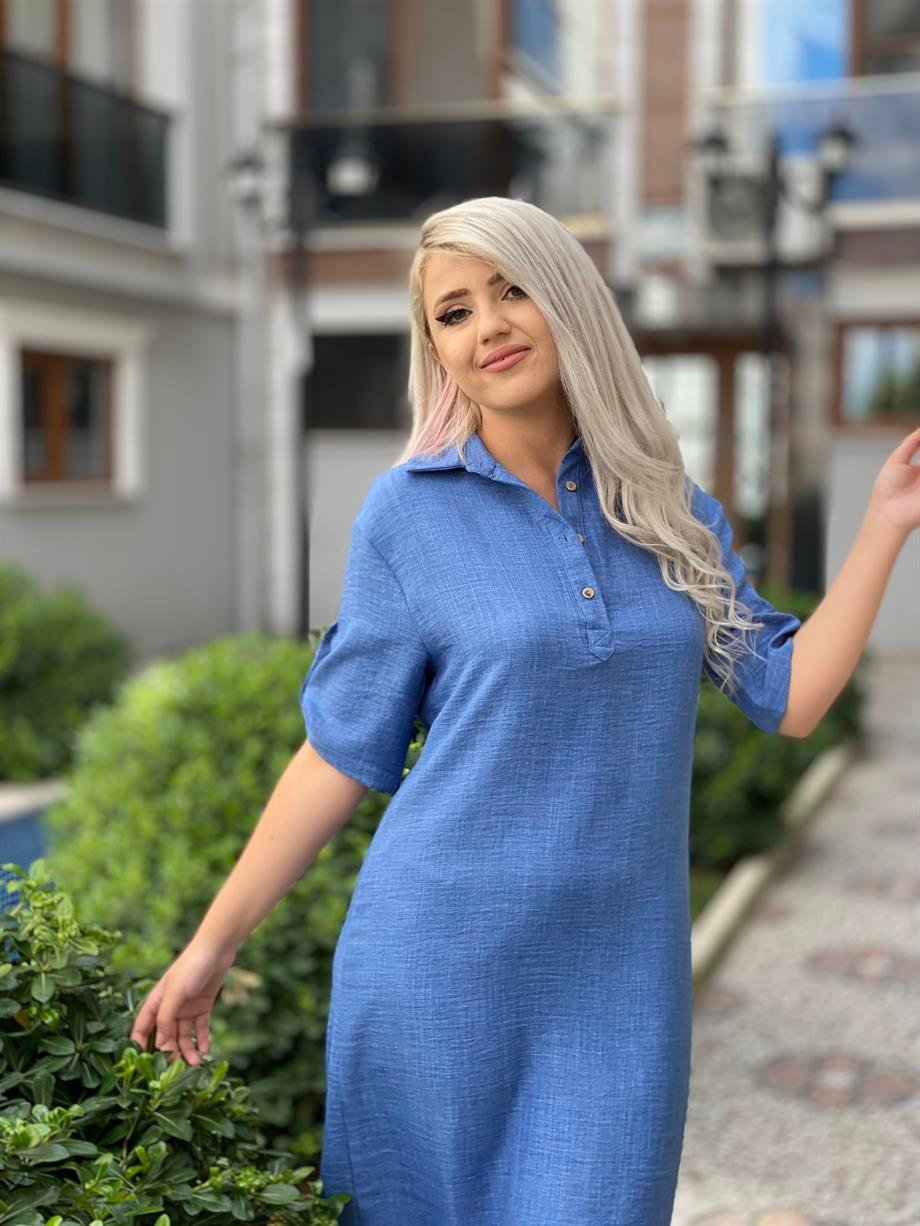 Gömlek Yaka Mint Keten Elbise 