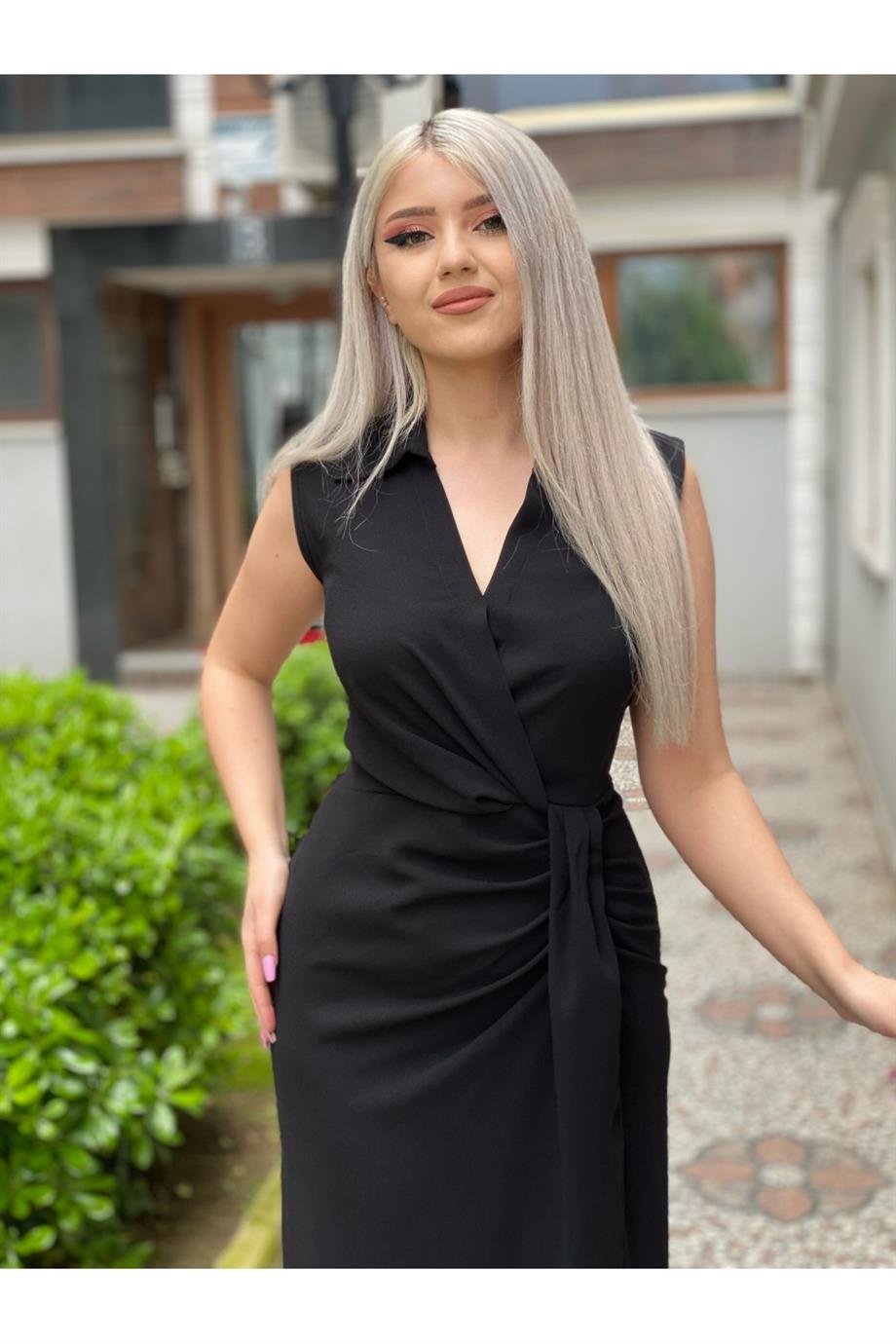 Gömlek Yaka Siyah Crep Kumaş Elbise