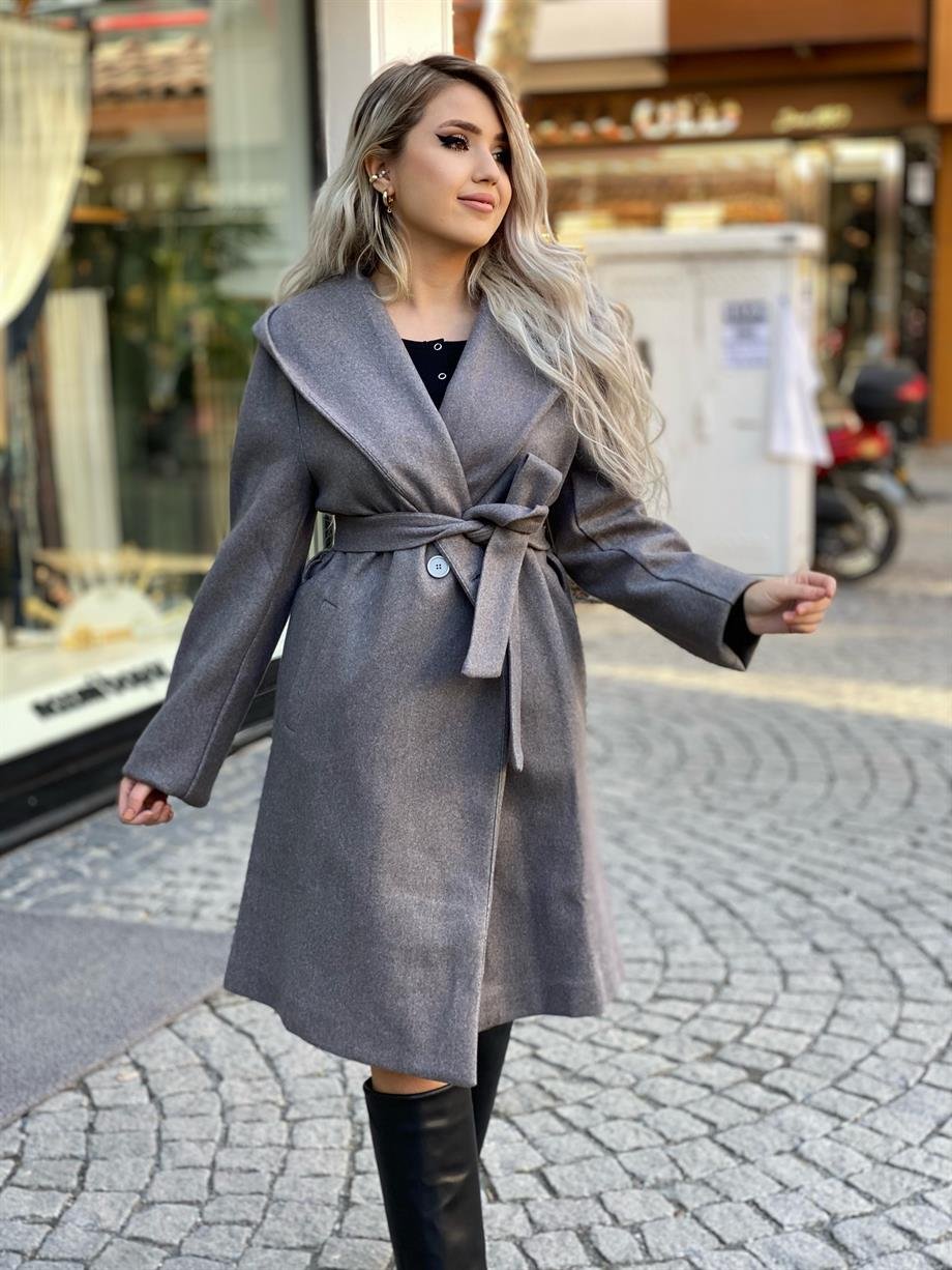 Gri Kapüşonlu Kuşaklı Kaban