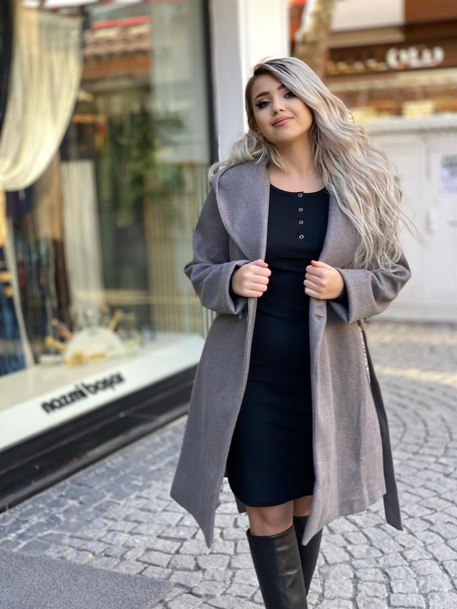 Gri Kapüşonlu Kuşaklı Kaban