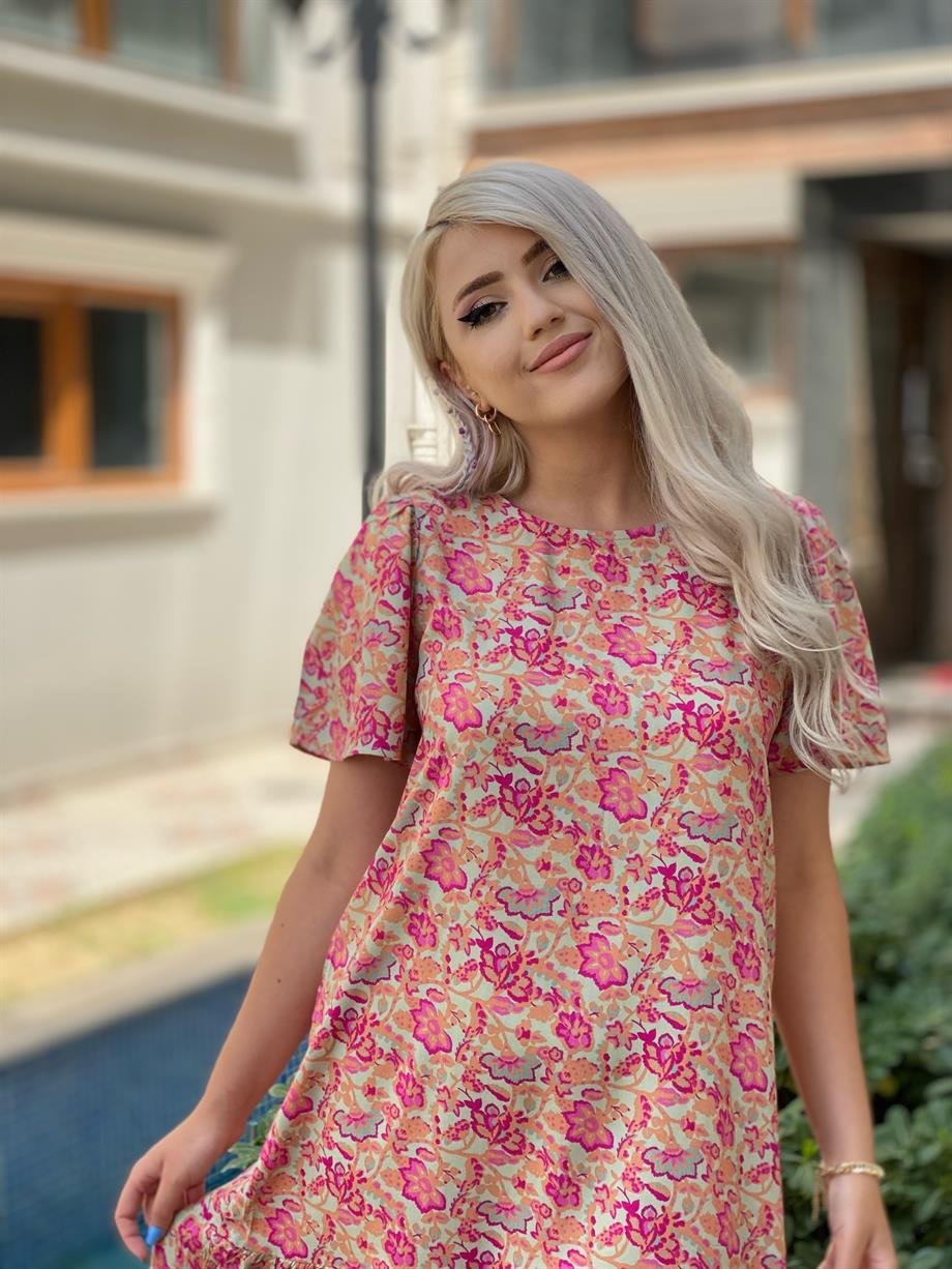 Gül Desen Pamuk Viskon Elbise