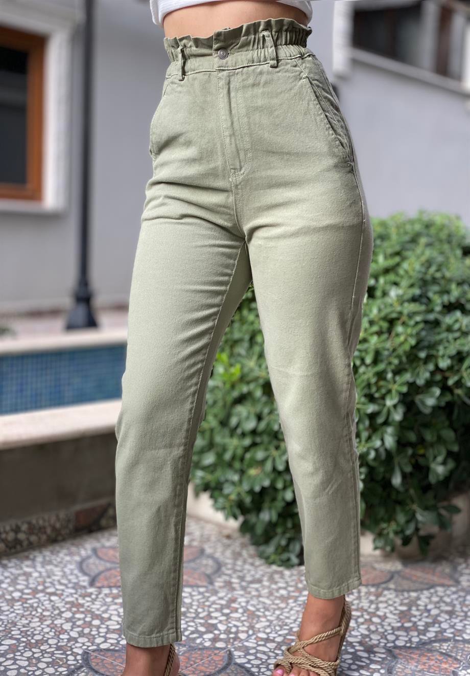 Haki Bel Lastikli Yüksek Bel Jean 