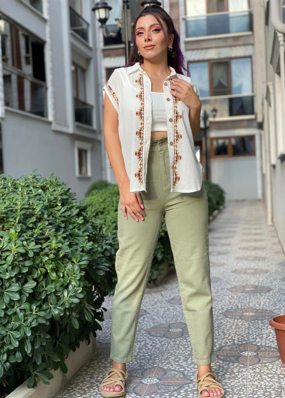 Haki Bel Lastikli Yüksek Bel Jean 