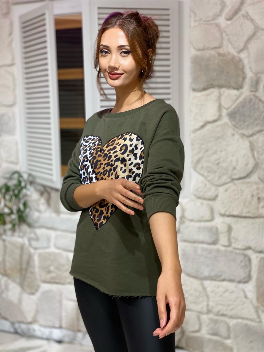 Haki Kalp Baskılı 2 İplik Sweat 