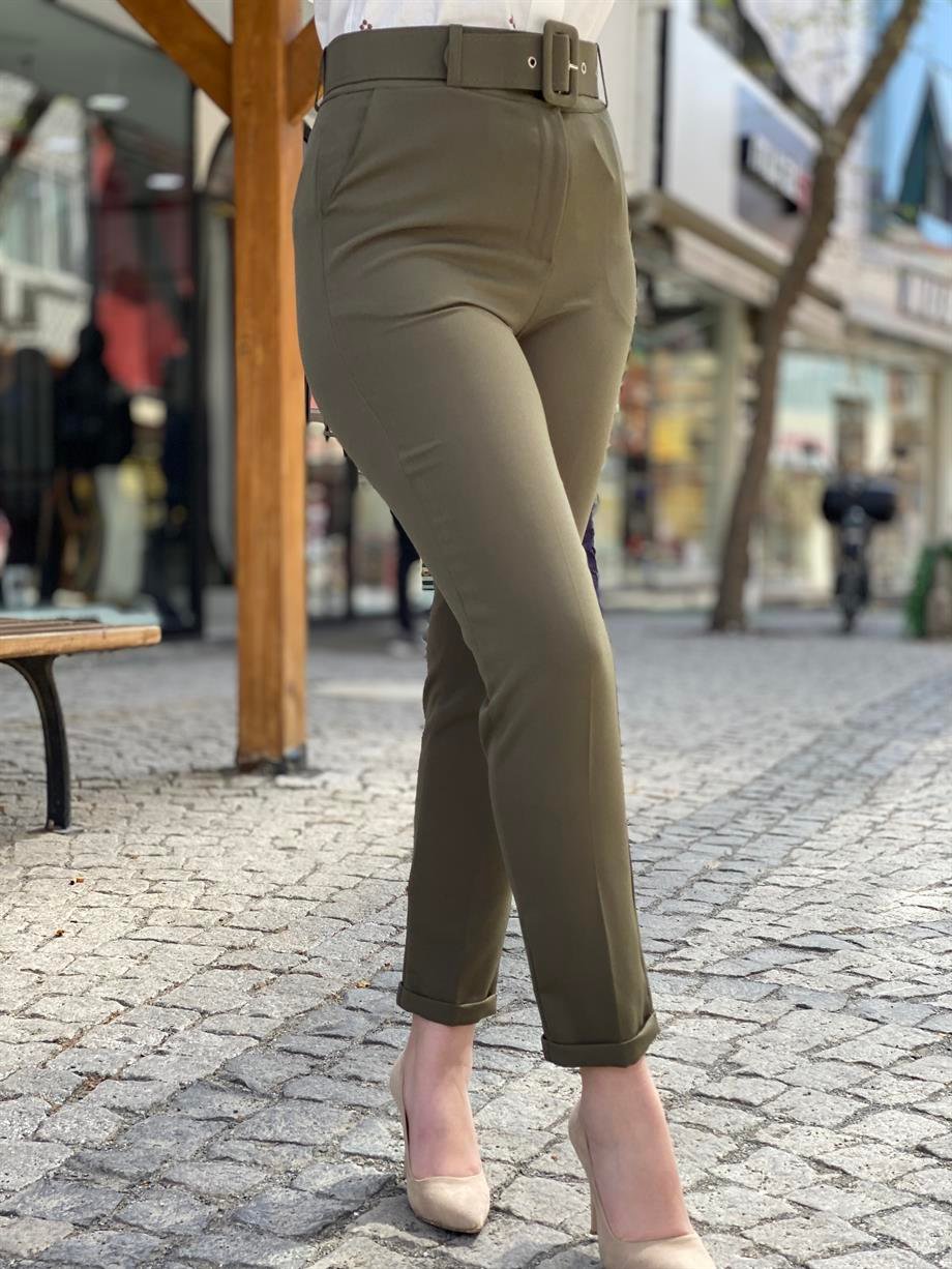 Haki Kemerli Duble Paça Pantolon 