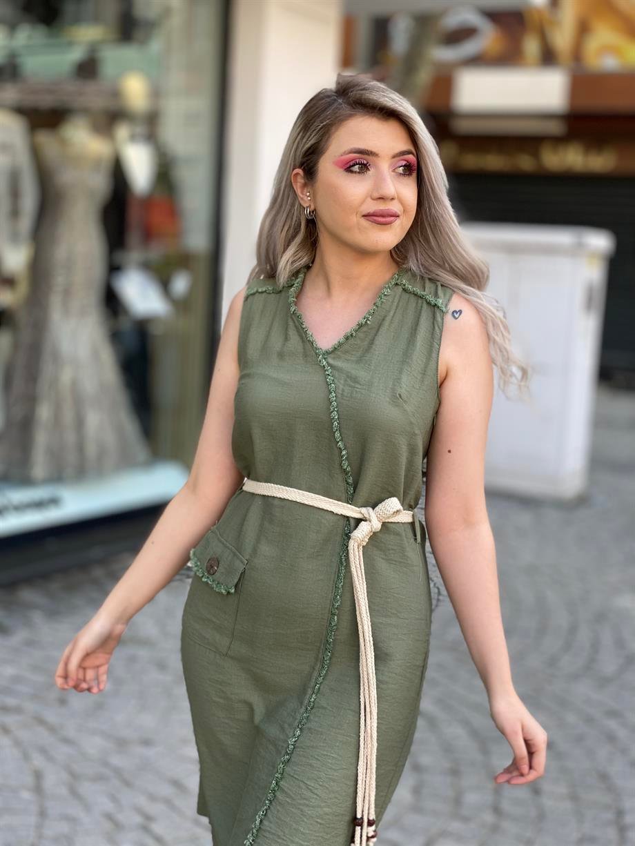 Haki Keten Halat Kemerli Elbise
