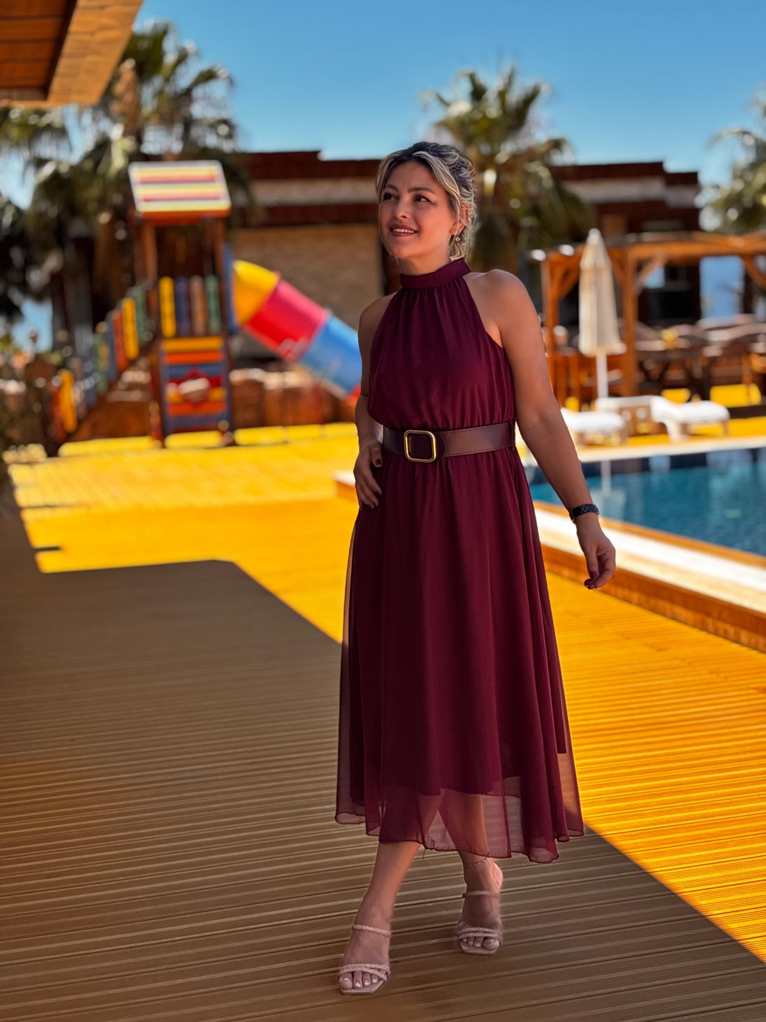 Halter Yaka Bordo Şifon Elbise