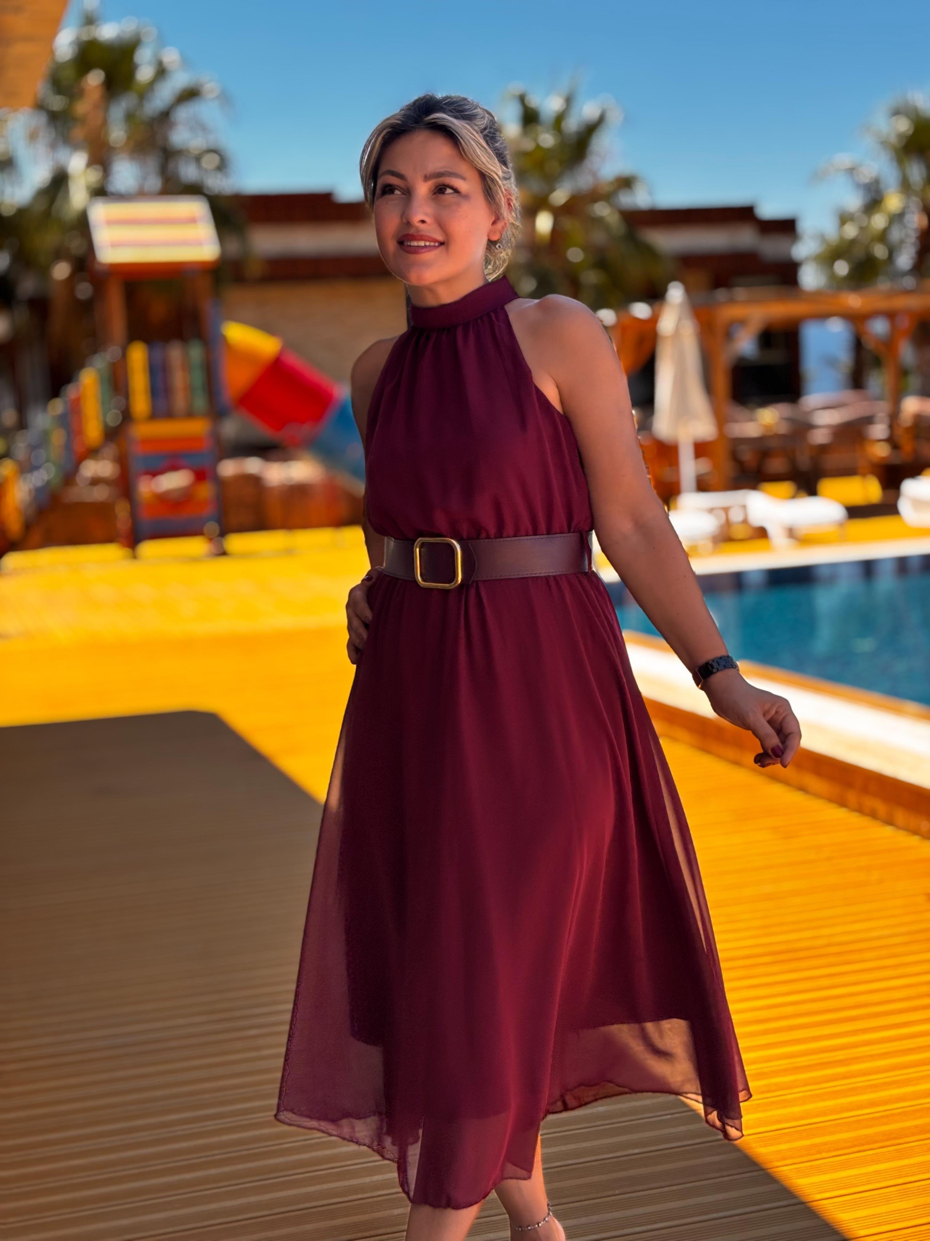 Halter Yaka Bordo Şifon Elbise