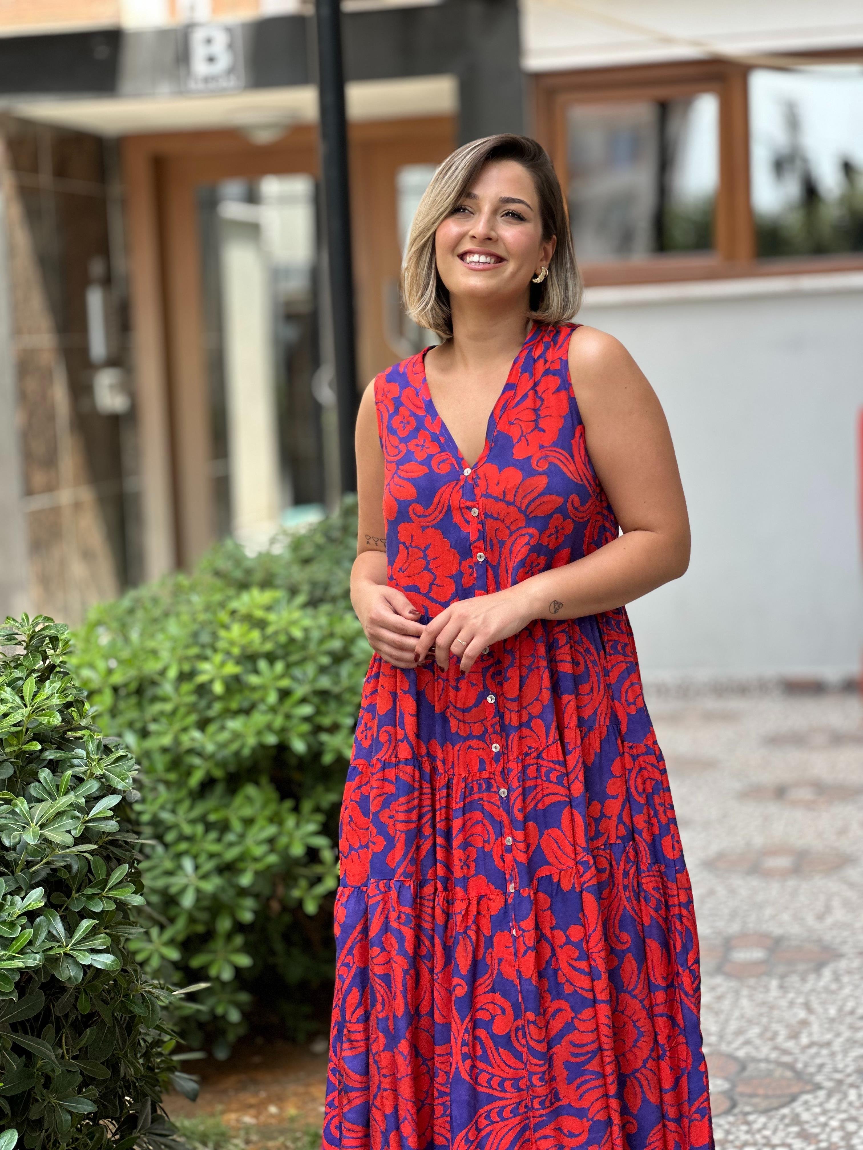 Halter Yaka Mavi Kırmızı Elbise