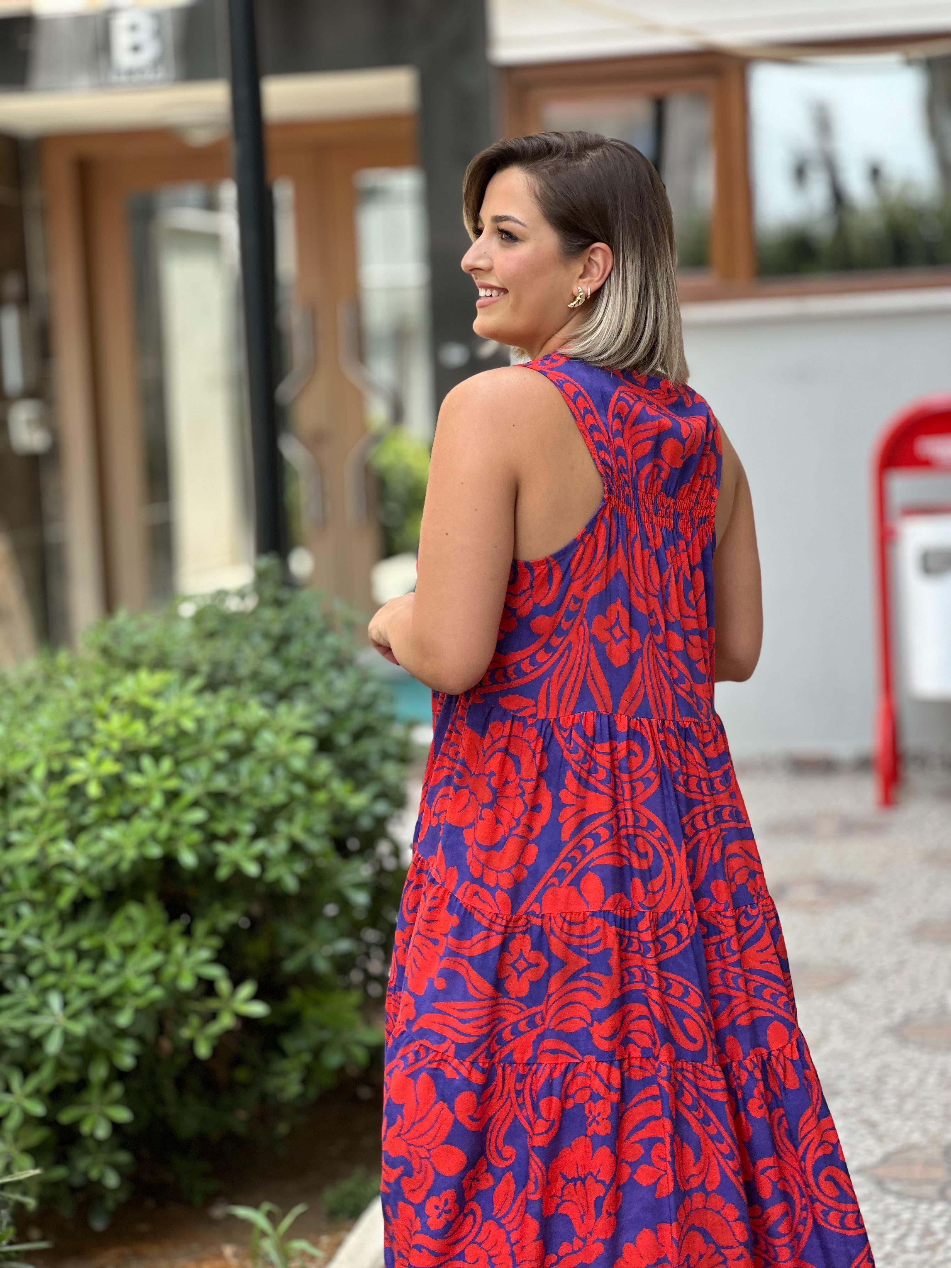 Halter Yaka Mavi Kırmızı Elbise