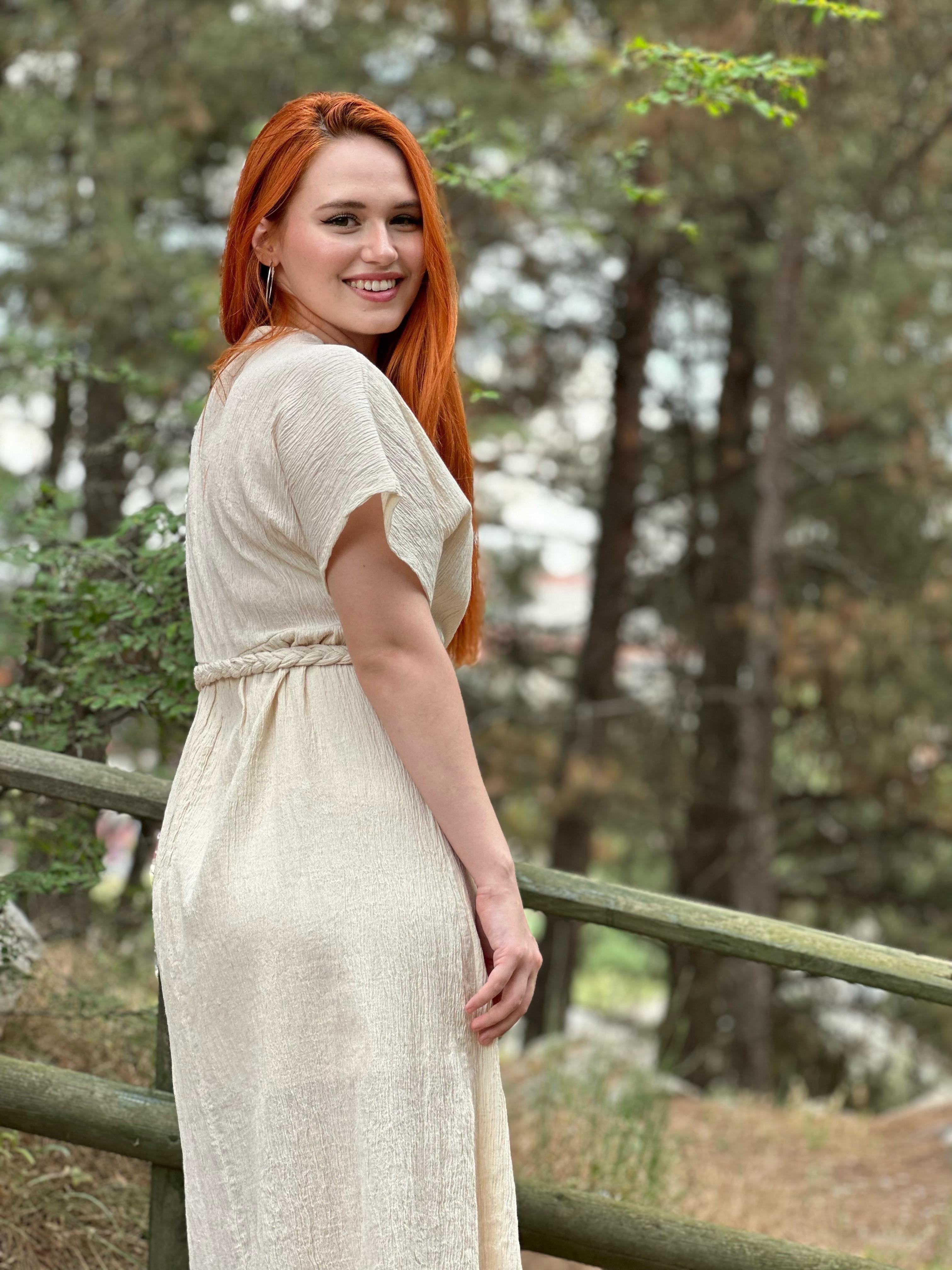Ham Keten Astarlı Taş Elbise 