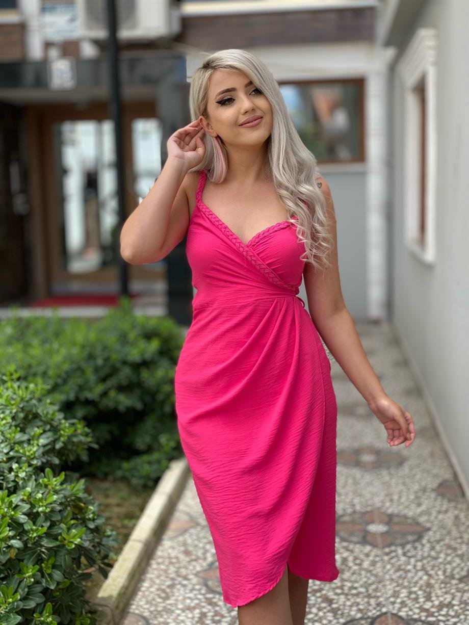 Hasır Detaylı Pembe Anvelop Elbise