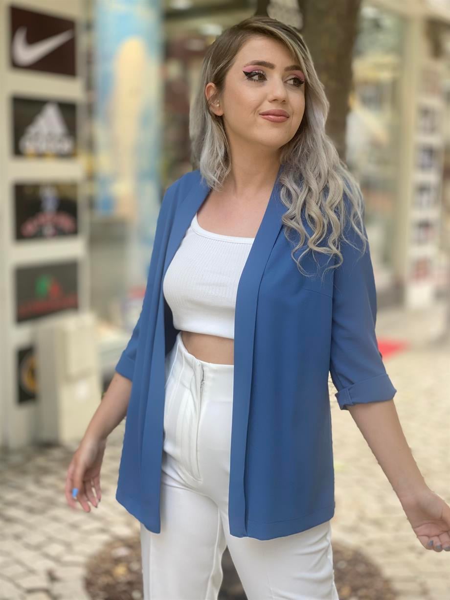 İndigo Krinkıl Kumaş Duble Kol Ceket