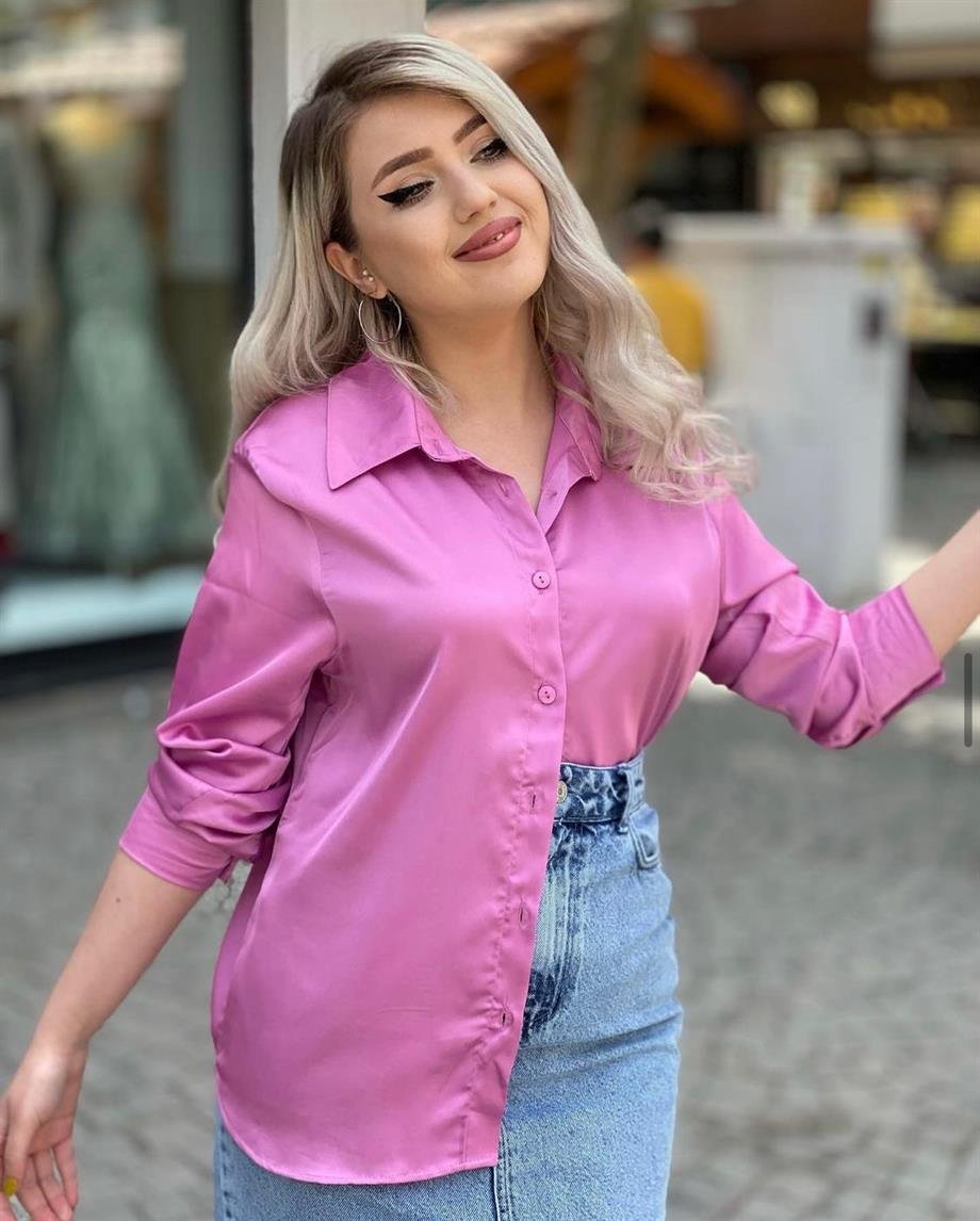 İpek Saten Gömlek Pembe