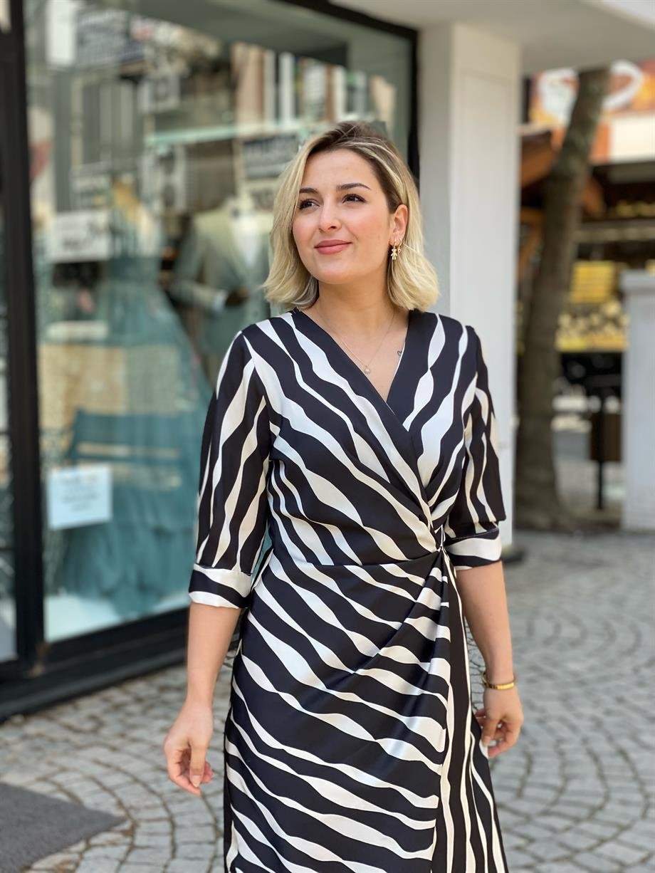 İpek Saten Siyah Zebra Anvelop Elbise