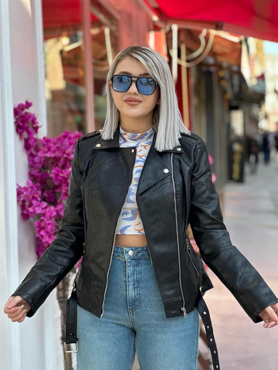 İthal Kemer Detaylı Deri Ceket