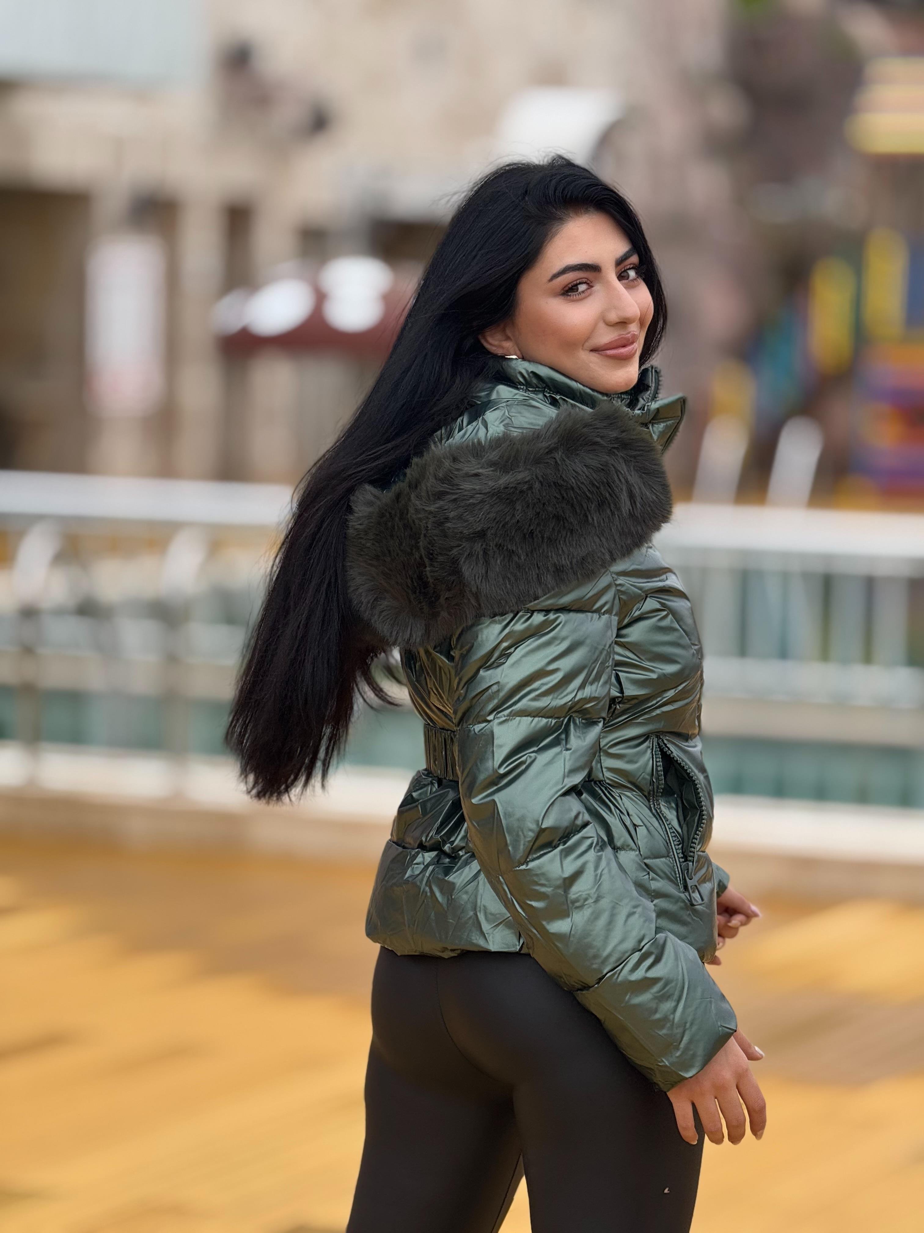 İthal Kürk Detaylı Yeşil Mont