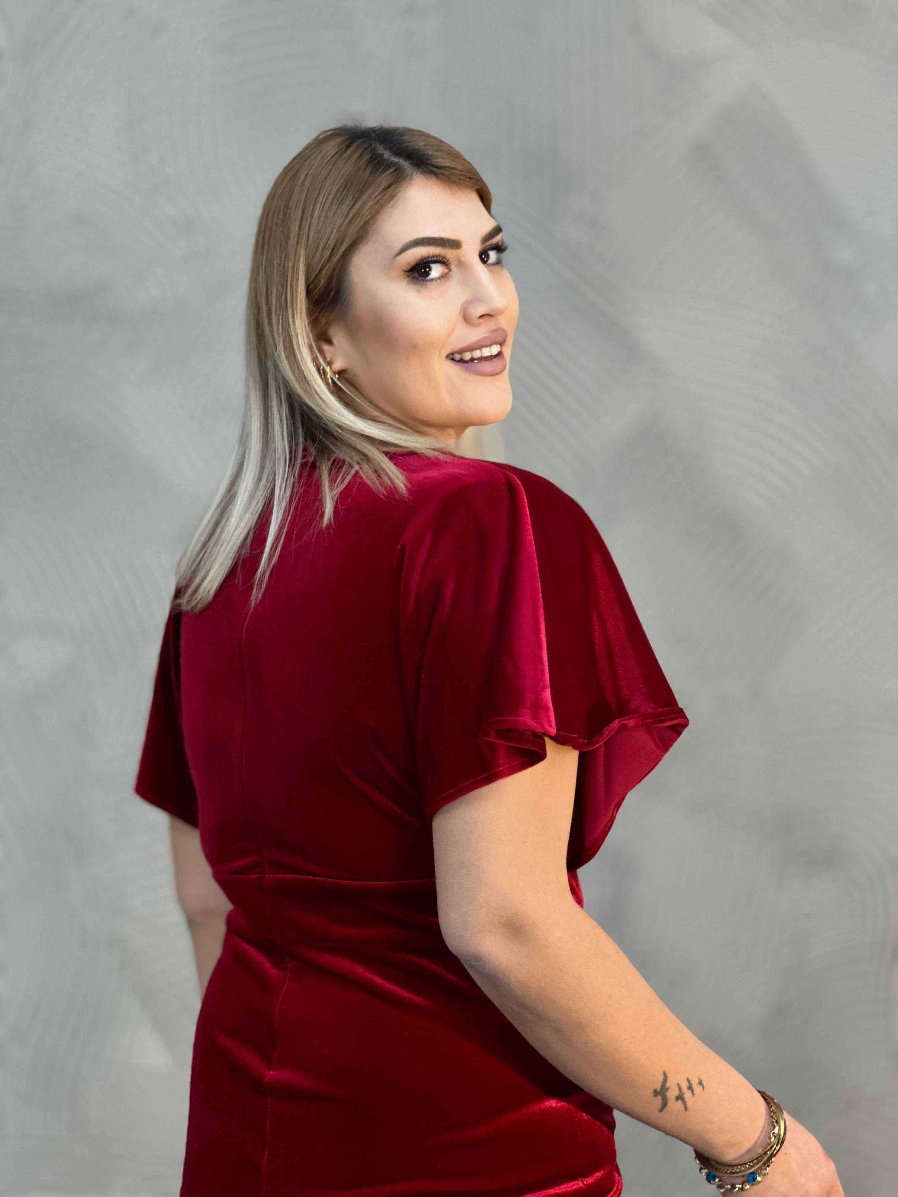 Kadife Bordo Elbise  Düşük Kol