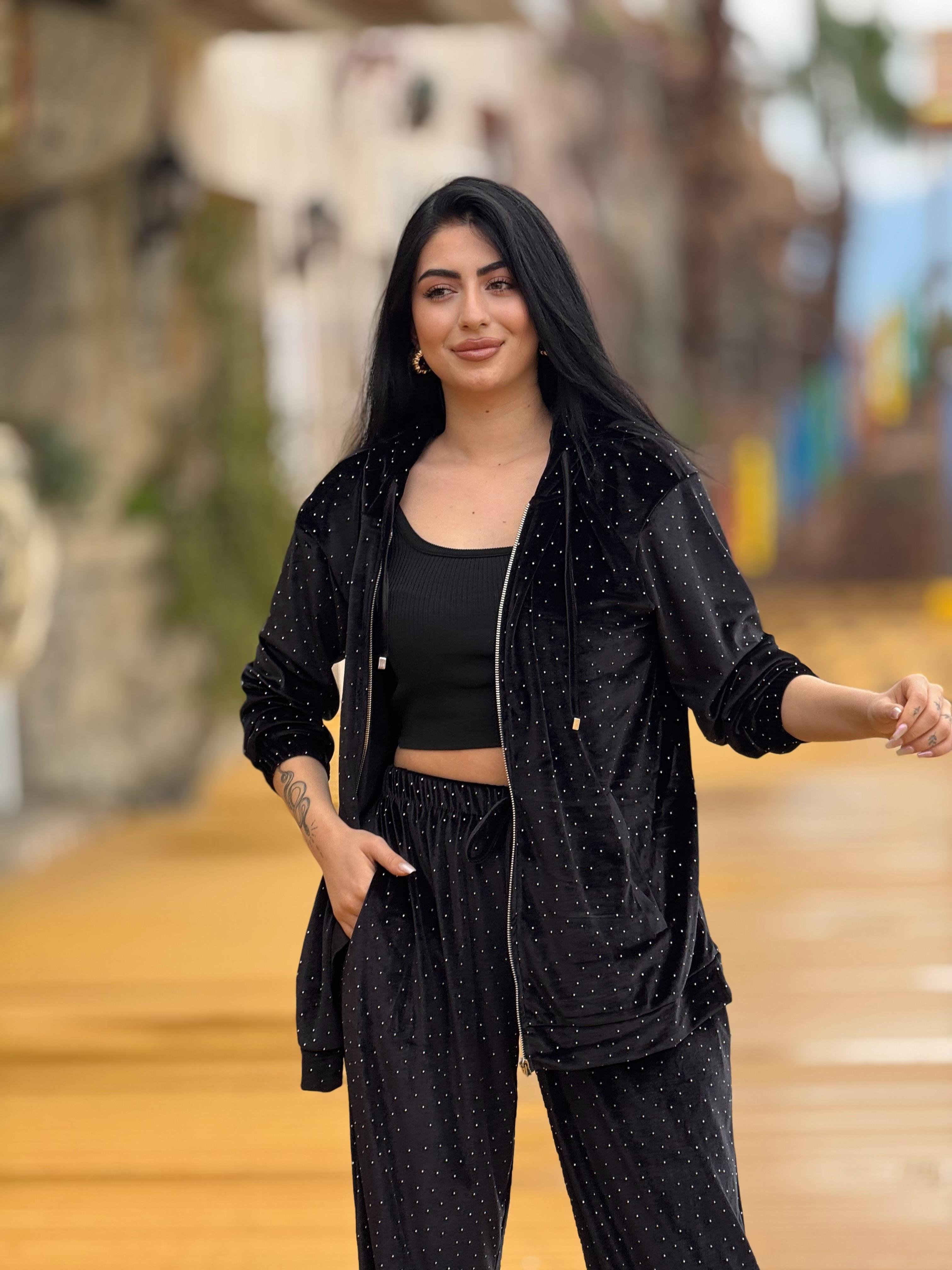 Kadife Taşlı Tasarım Takım Siyah