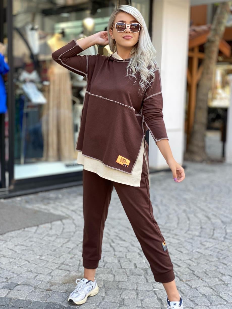 Kahve Armalı Kapüşonlu Takım