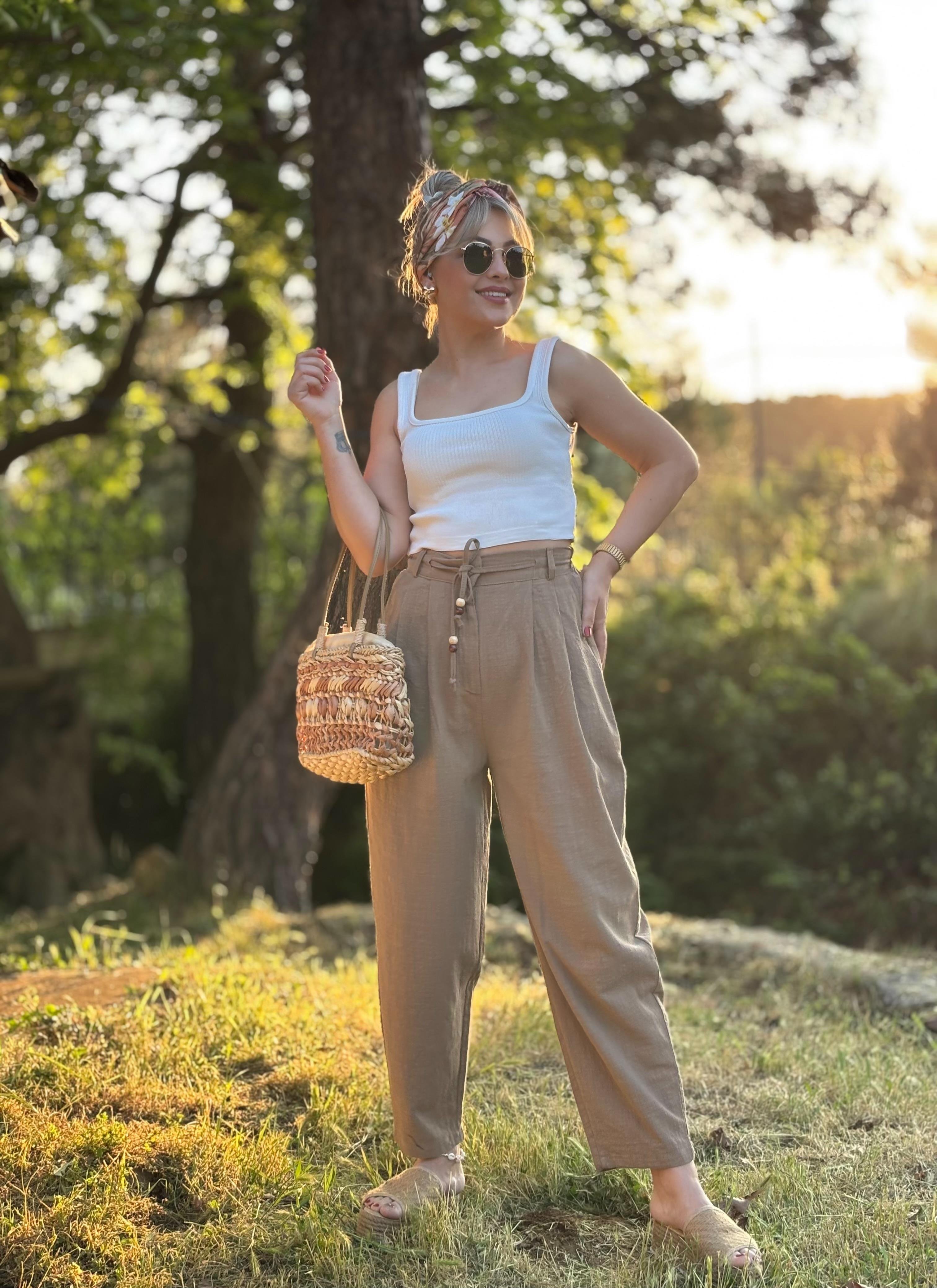 Kahve Boncuklu Keten Pantalon