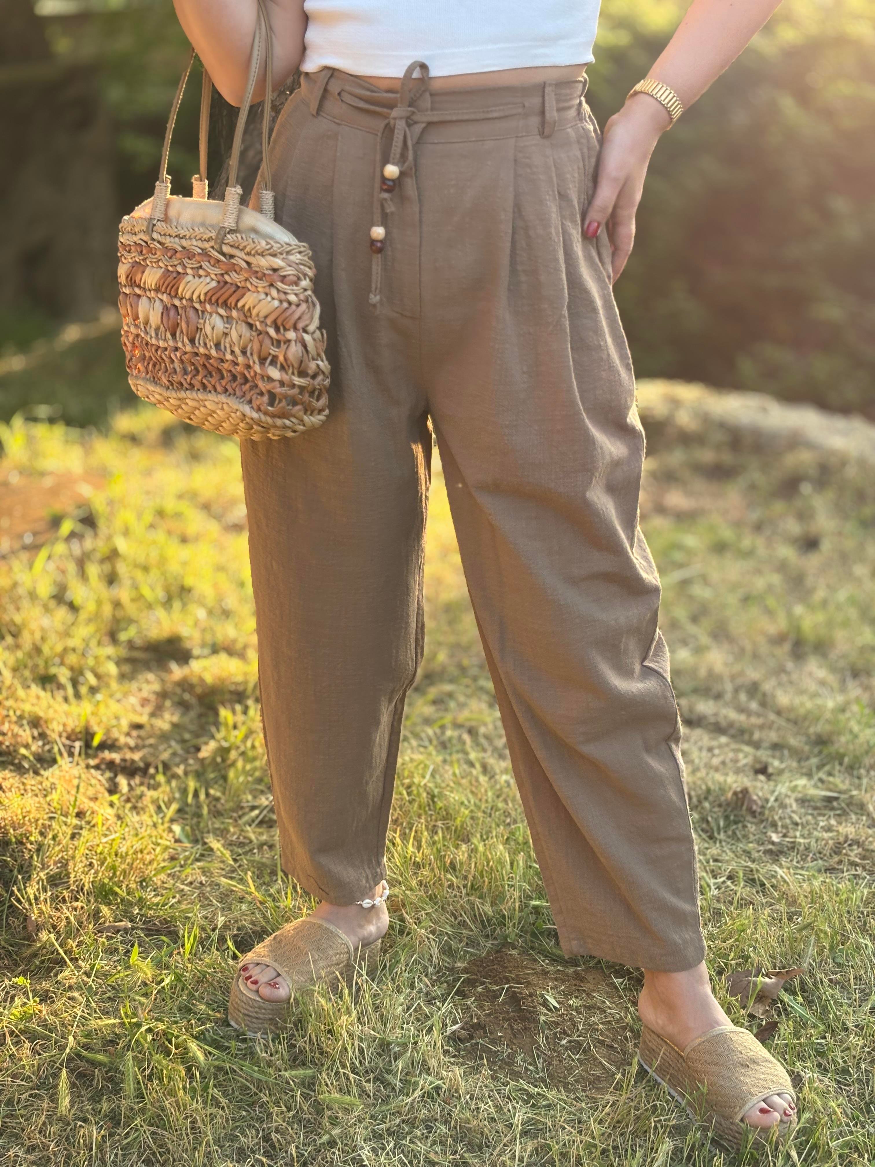 Kahve Boncuklu Keten Pantalon