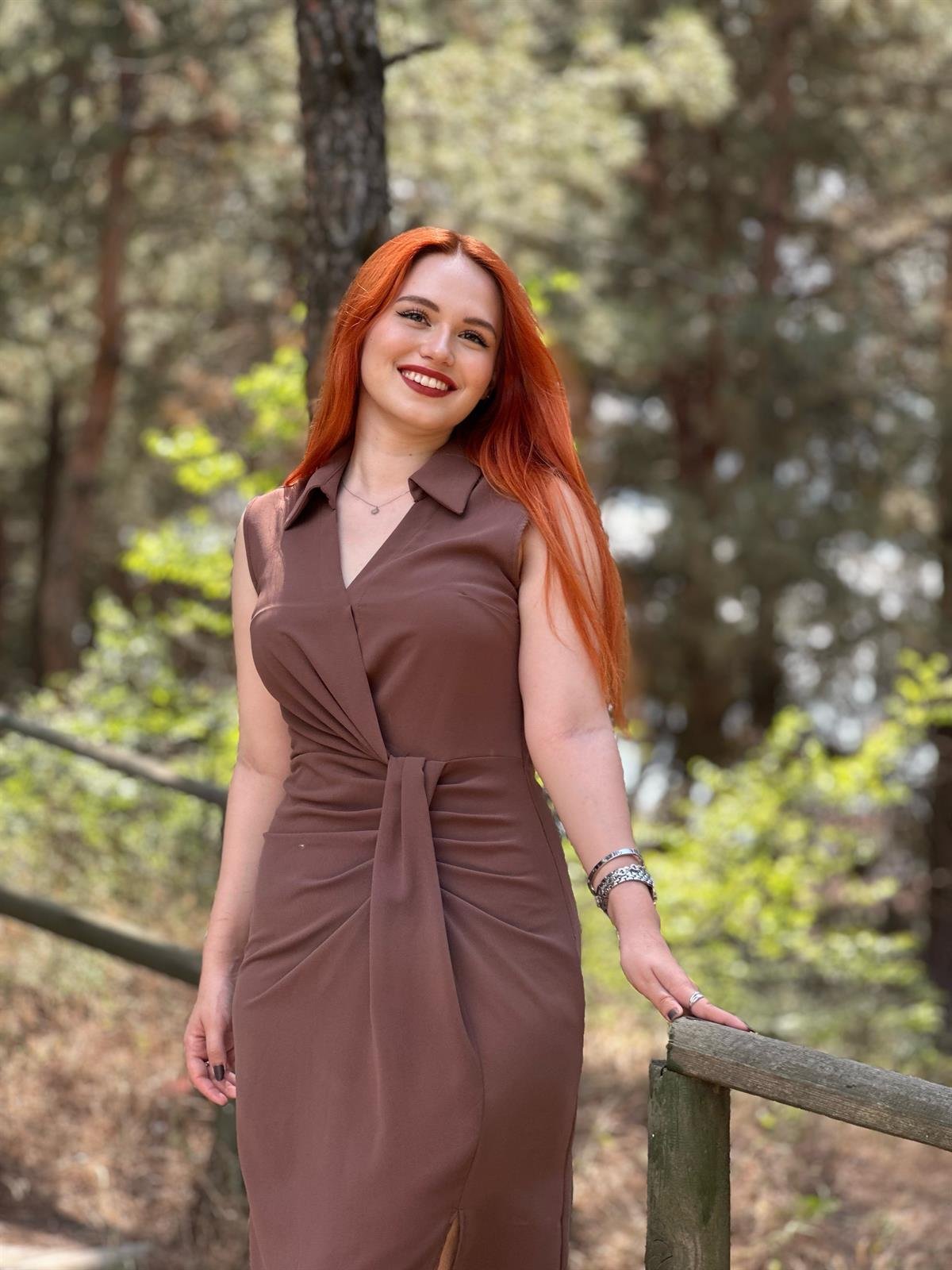 Kahve Ceket Yaka Drapeli Elbise