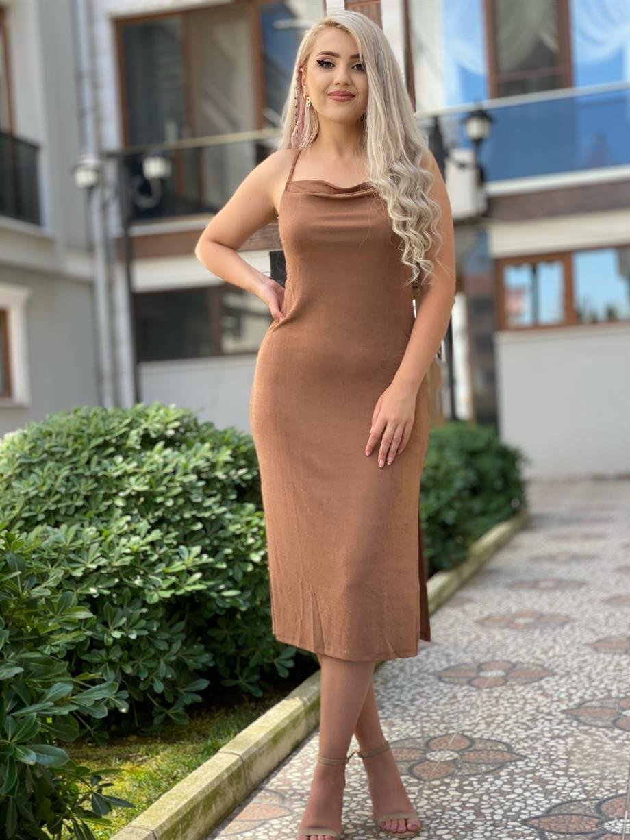 Kahve Degaje Yaka Buzzi Kumaş Elbise