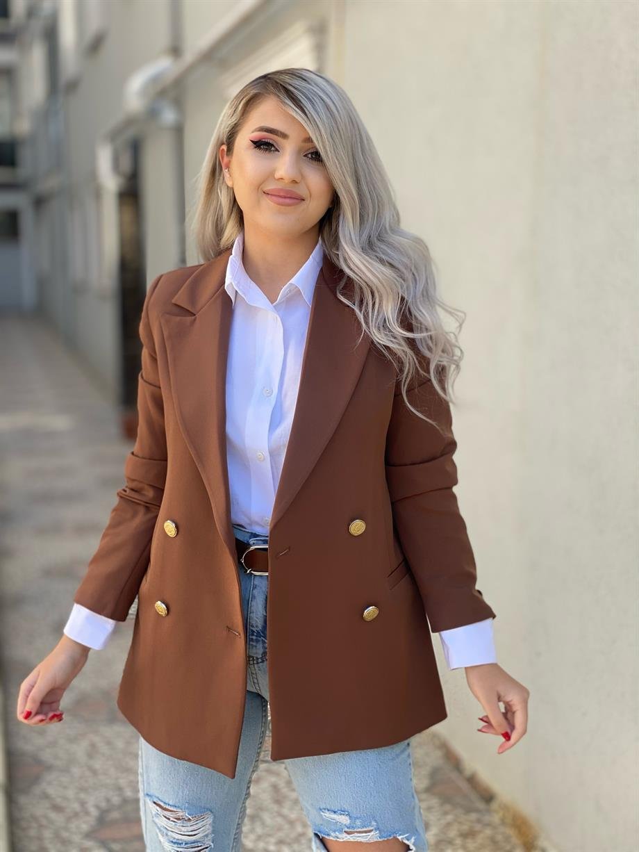 Kahve Gold Düğme Detay Blazer Ceket 