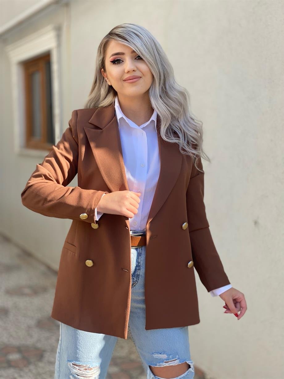 Kahve Gold Düğme Detay Blazer Ceket 