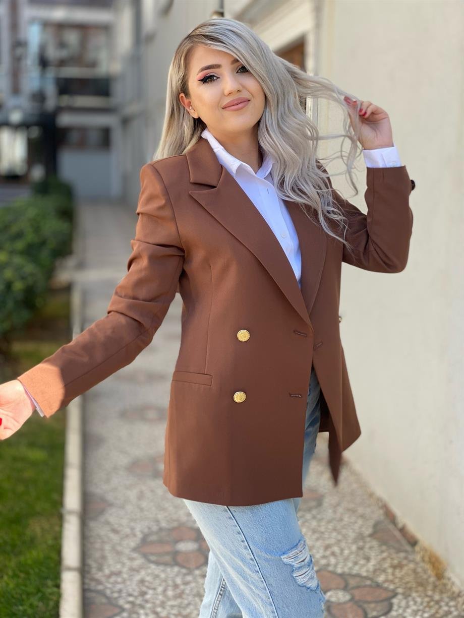 Kahve Gold Düğme Detay Blazer Ceket 