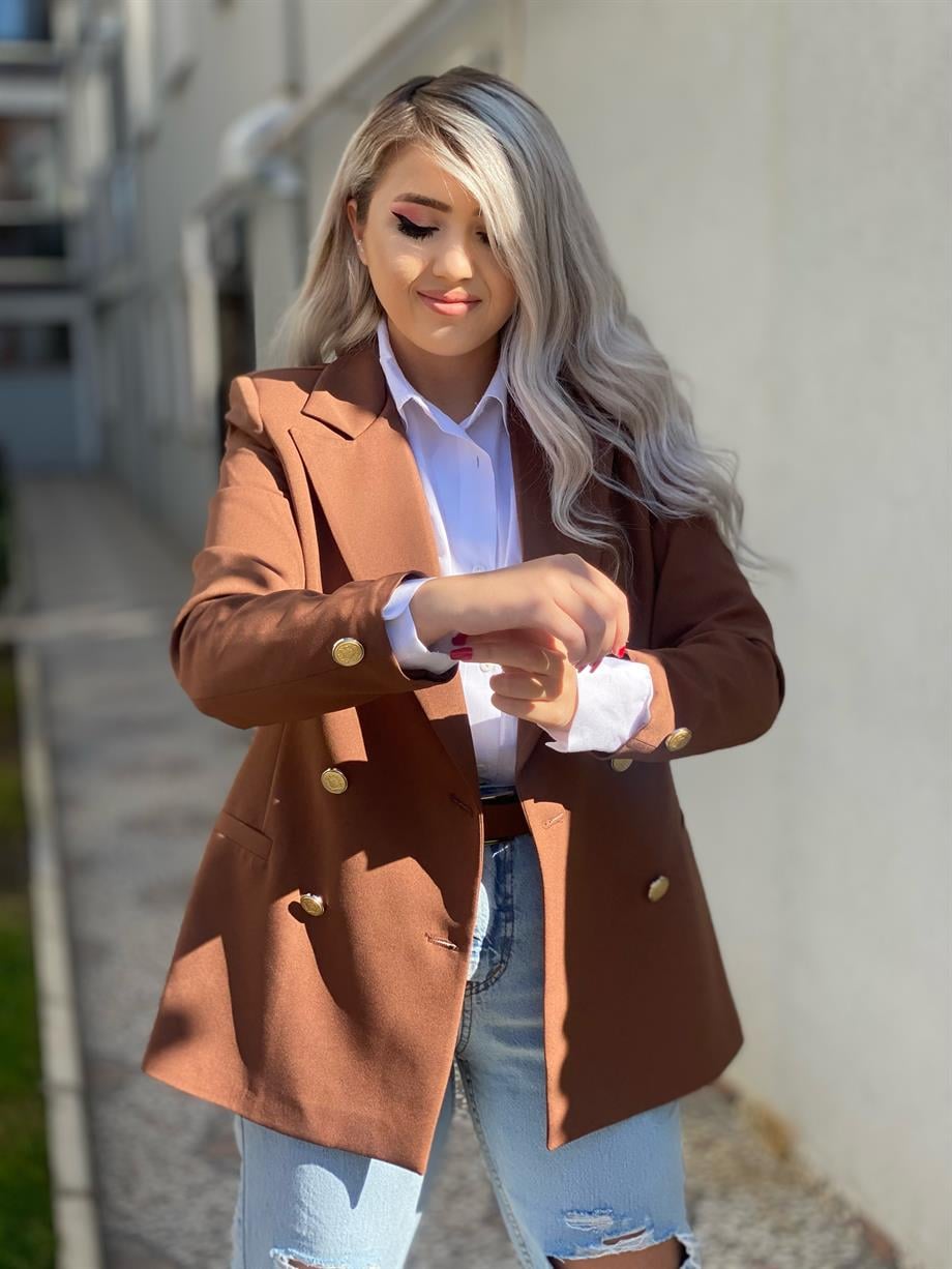 Kahve Gold Düğme Detay Blazer Ceket 
