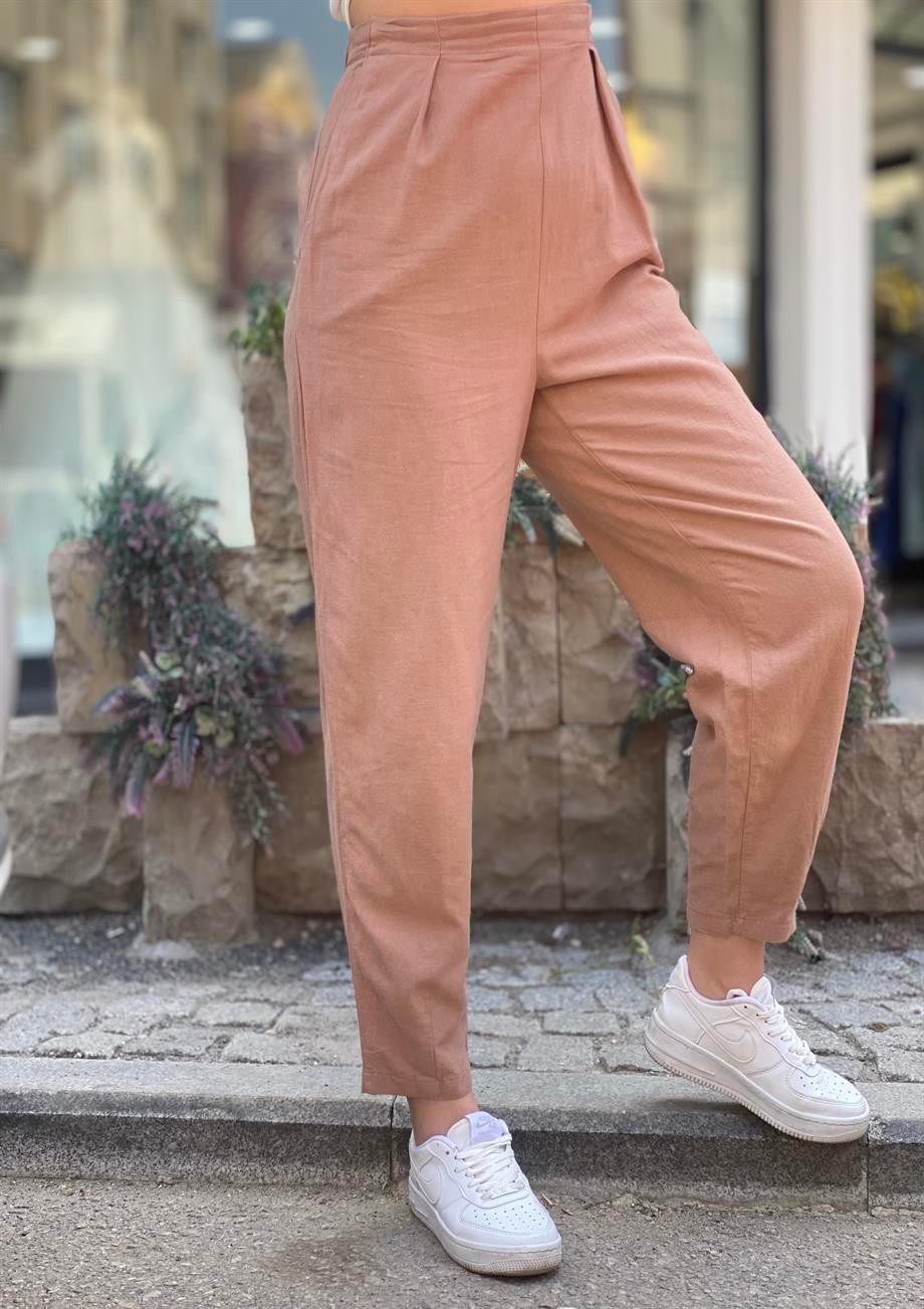 Kahve Ham Keten Pantalon 