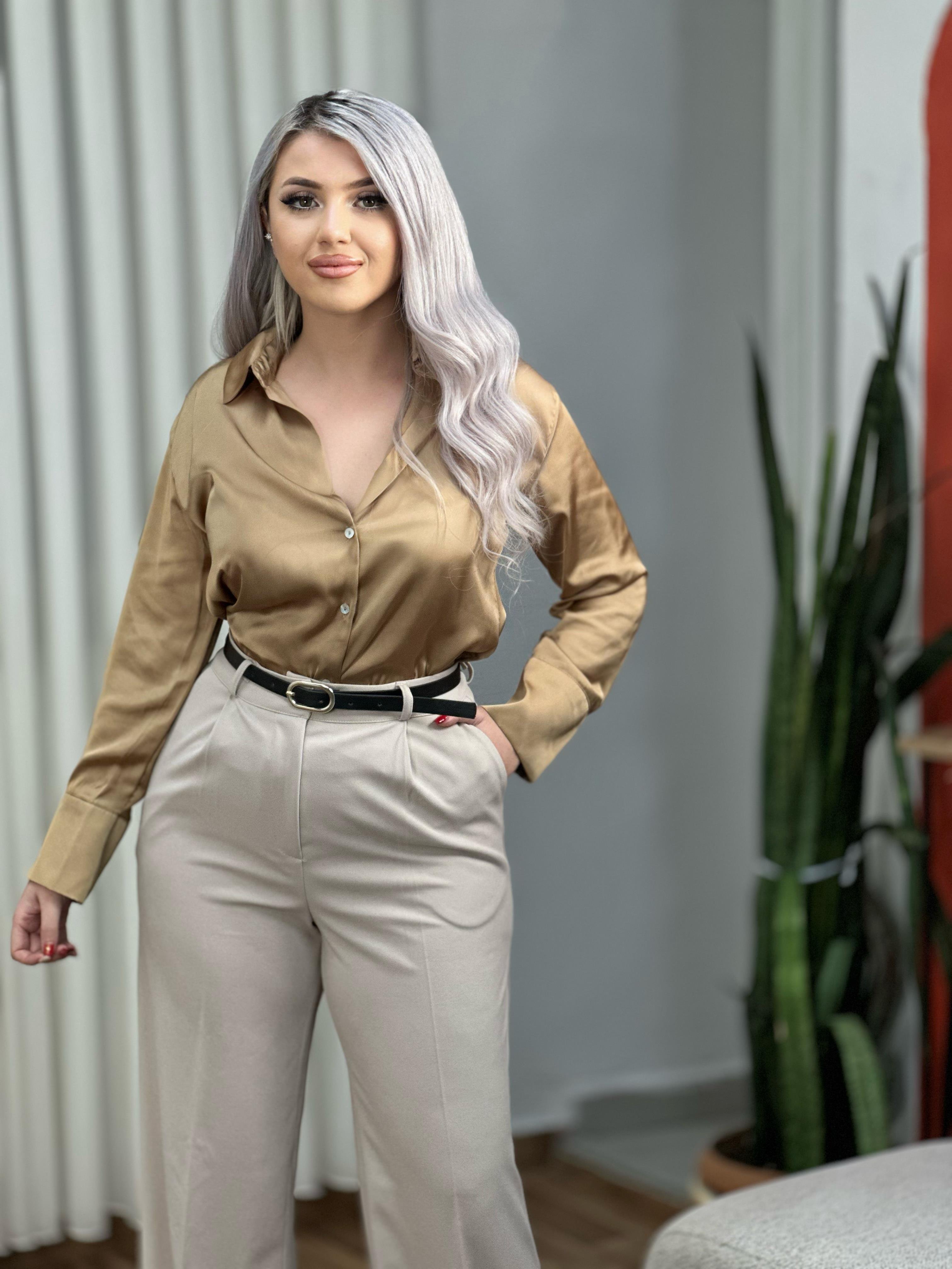Kahve İpek Saten Gömlek 