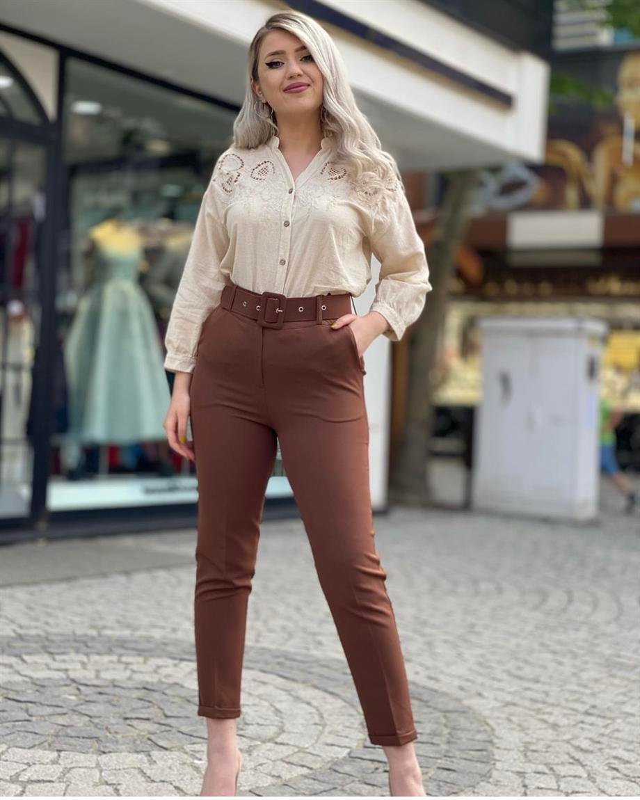Kahve Kemerli Duble Paça Pantalon 