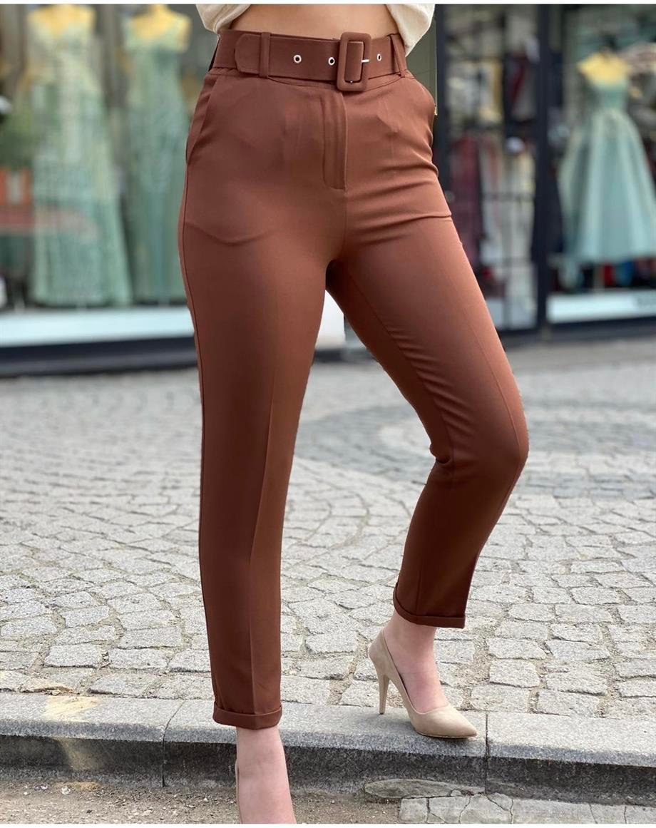 Kahve Kemerli Duble Paça Pantalon 