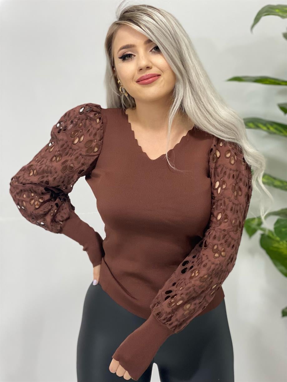 Kahve Kol V Yaka Kol Fistolu Triko