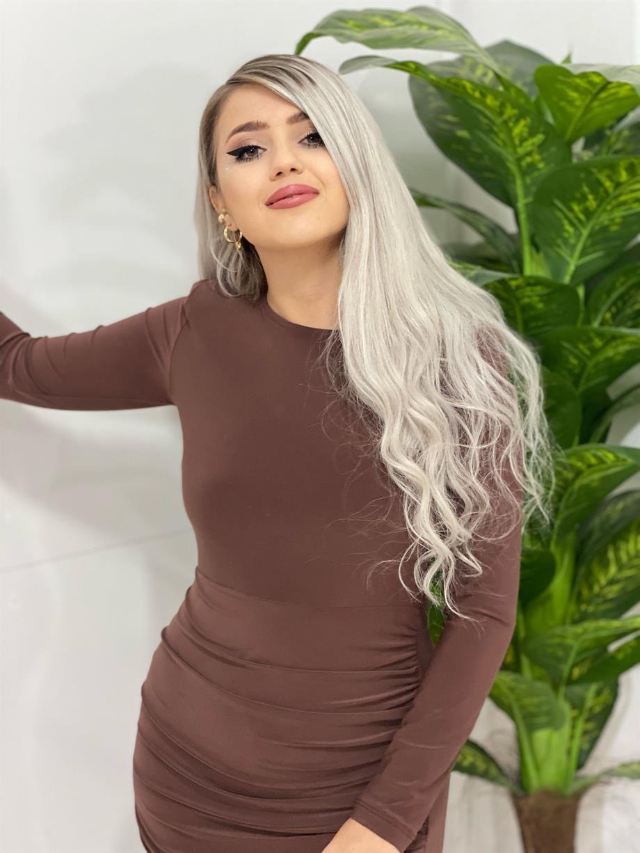 Kahve Omuz Vatkalı Drapeli Elbise