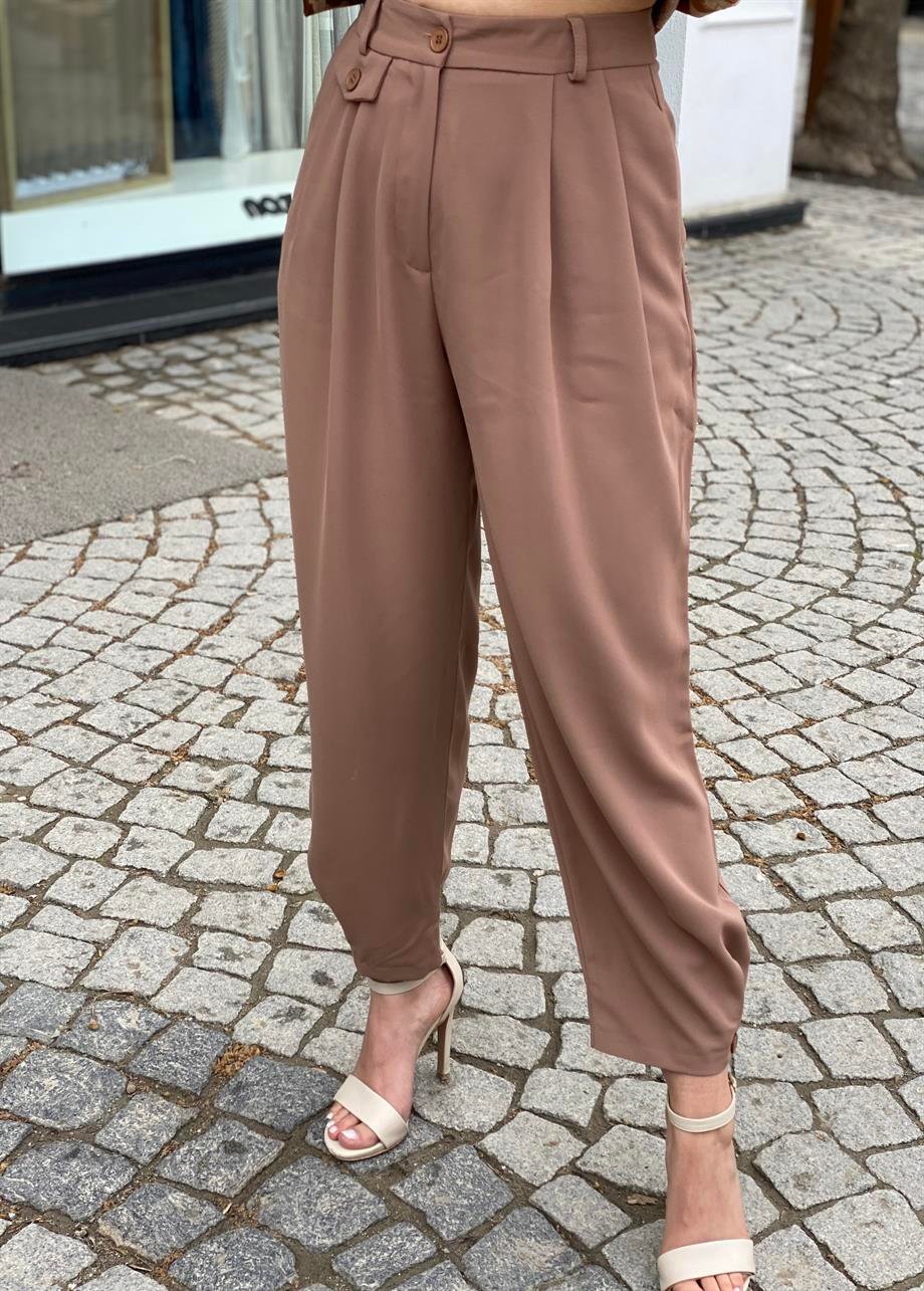 Kahve Paça Detayı Düğmeli Pantalon