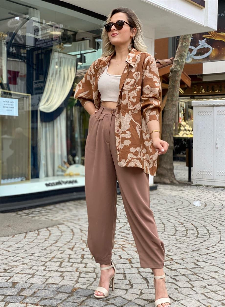 Kahve Paça Detayı Düğmeli Pantalon