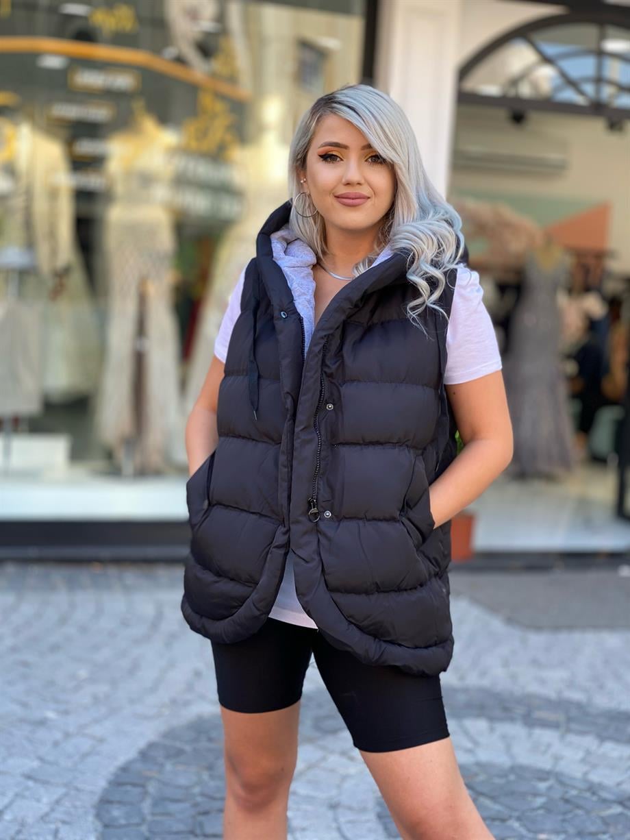 Kapüşonlu İç Astarı Kumaş Şişme Yelek