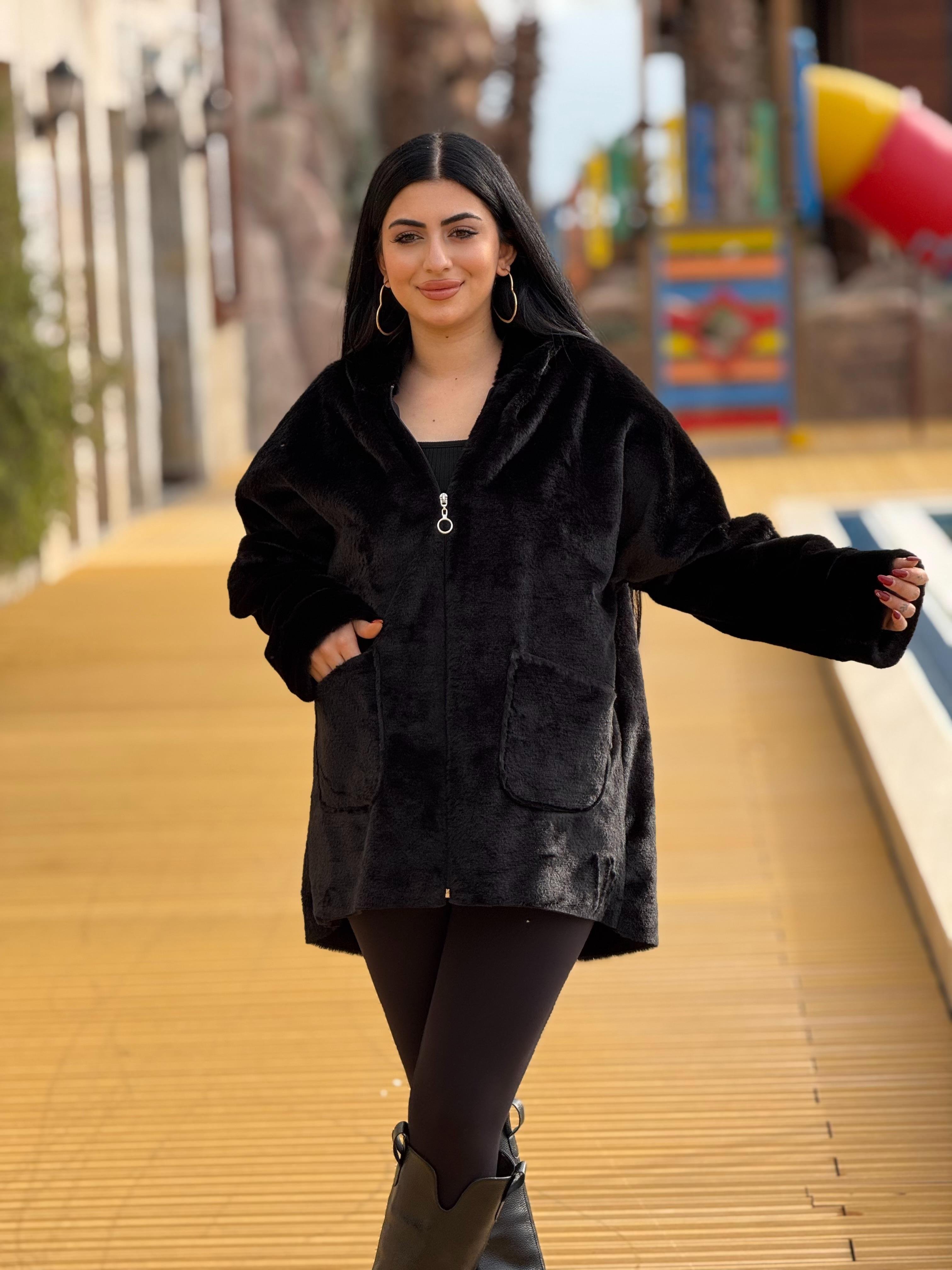 Kapüşonlu Teddy Siyah Mont