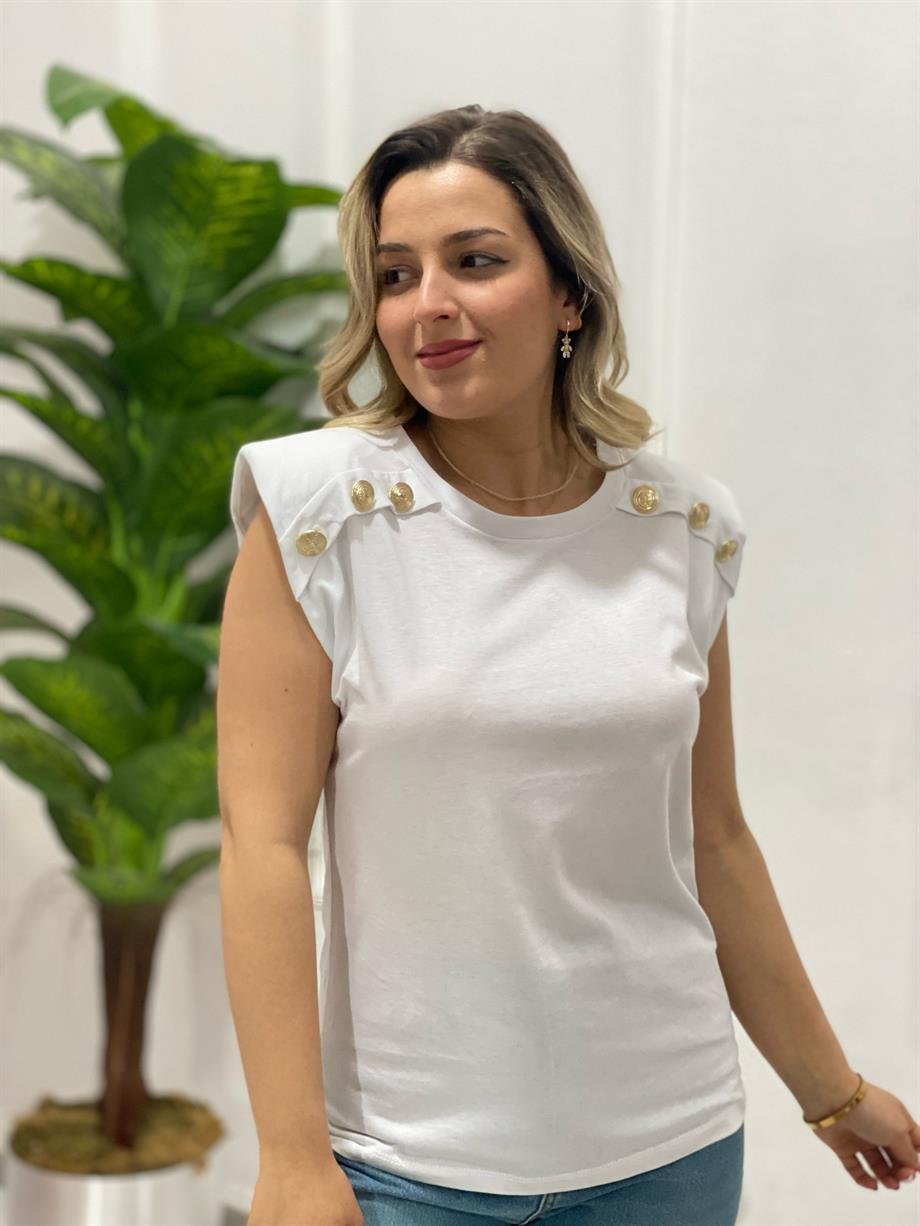 Karol Omuz Vatkalı Tshırt Beyaz
