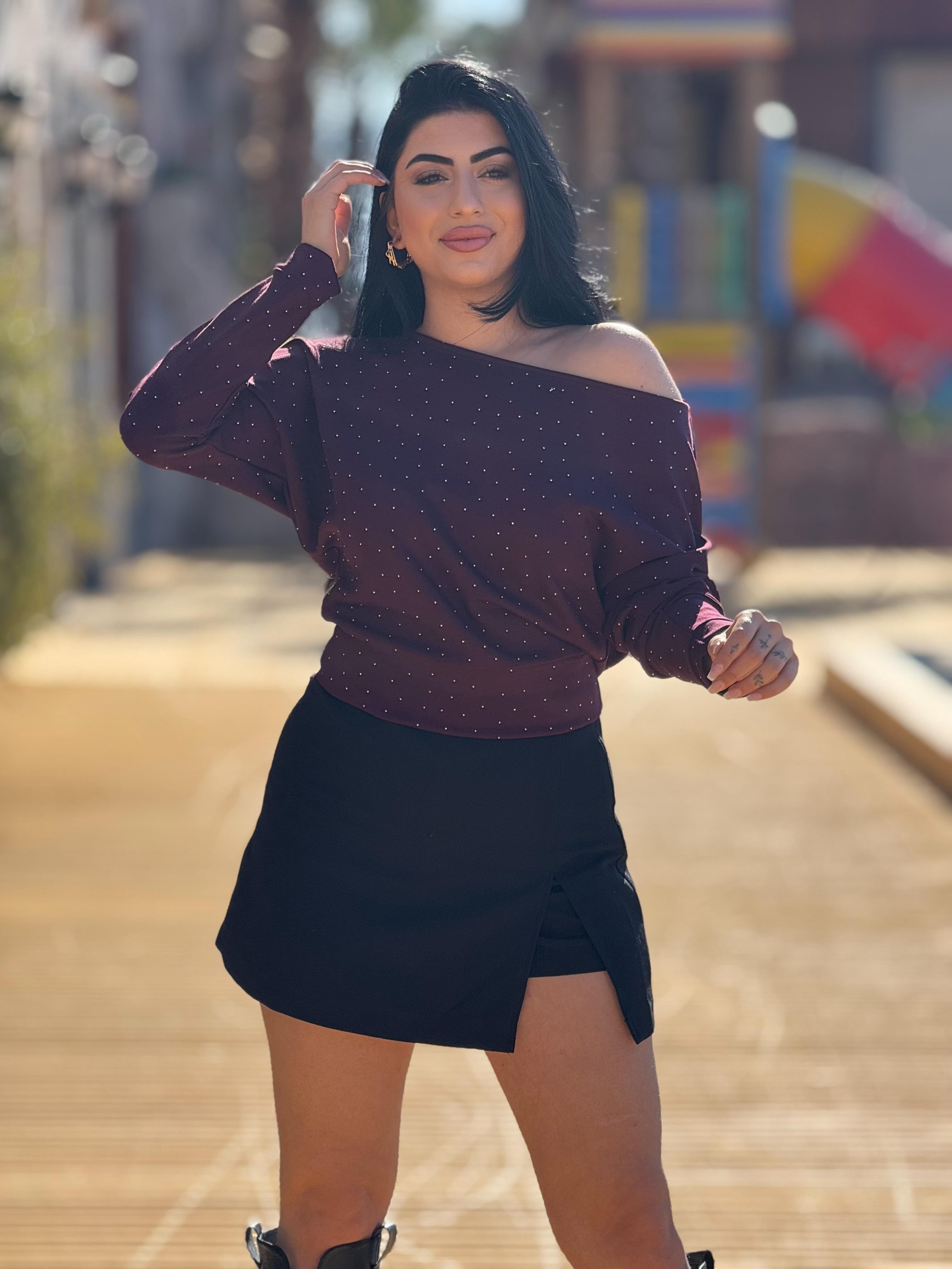 Kayık Yaka Taşlı Modal Bluz Bordo 
