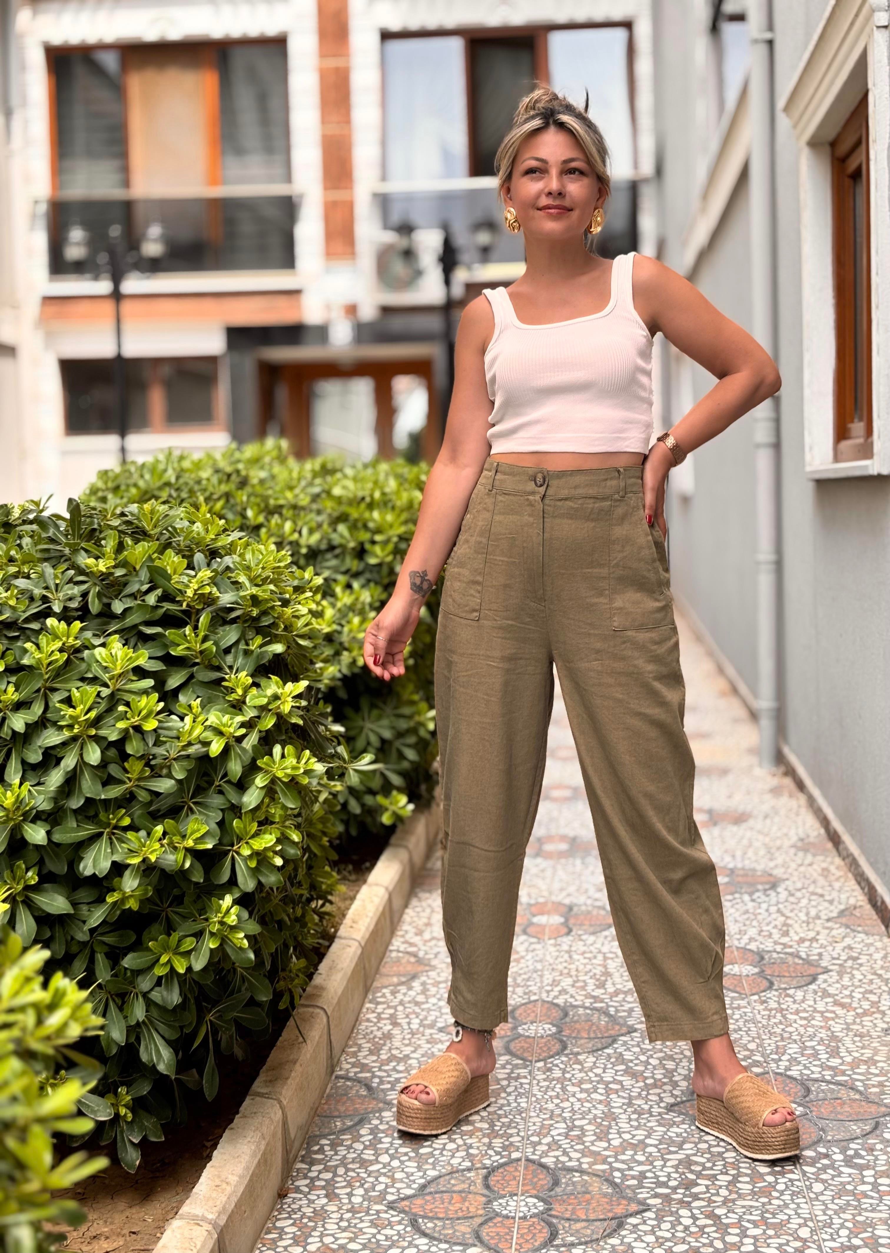 Keten Kötük Cep Pantalon Haki