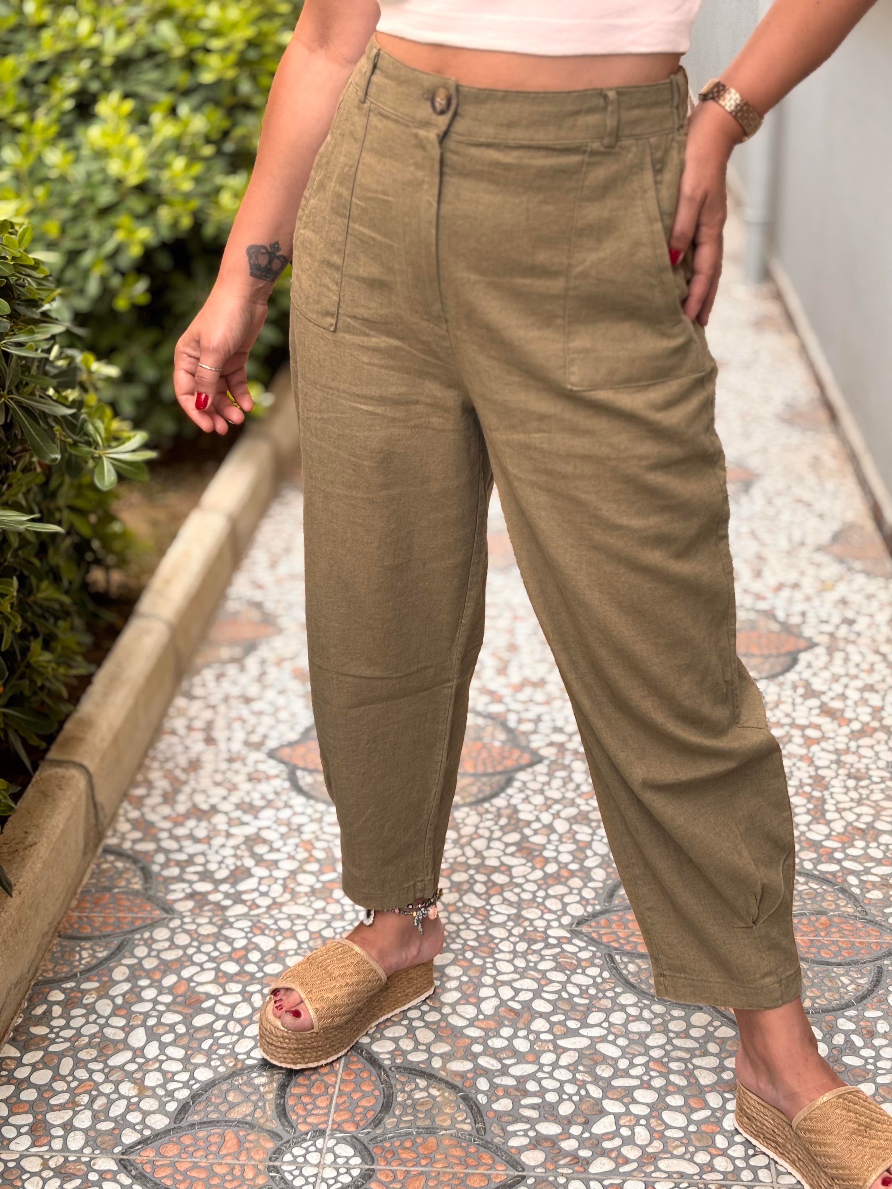 Keten Kötük Cep Pantalon Haki