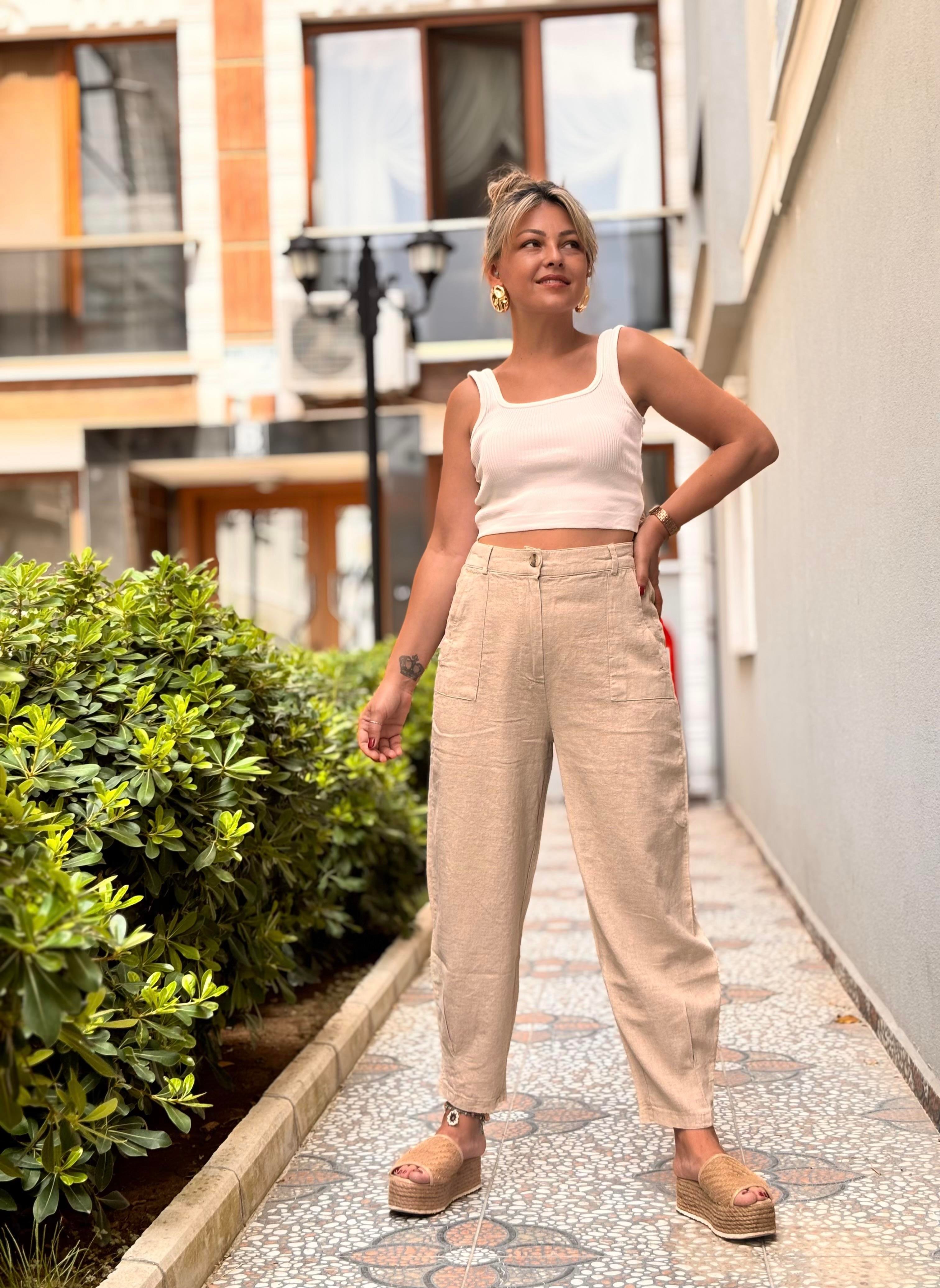 Keten Kötük Cep Pantalon Taş 