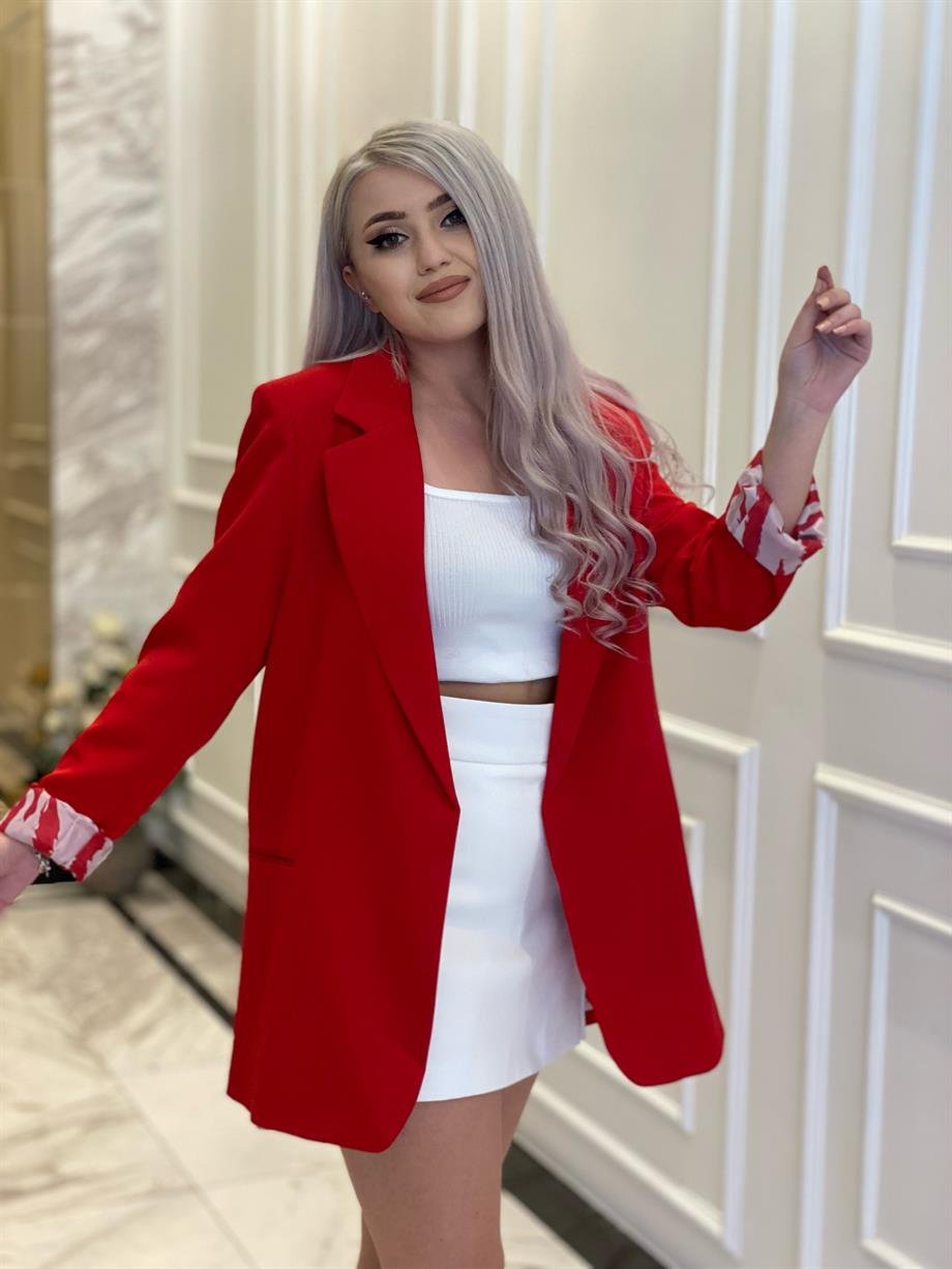 Kırmızı Astarı Zebra Desen Blazer