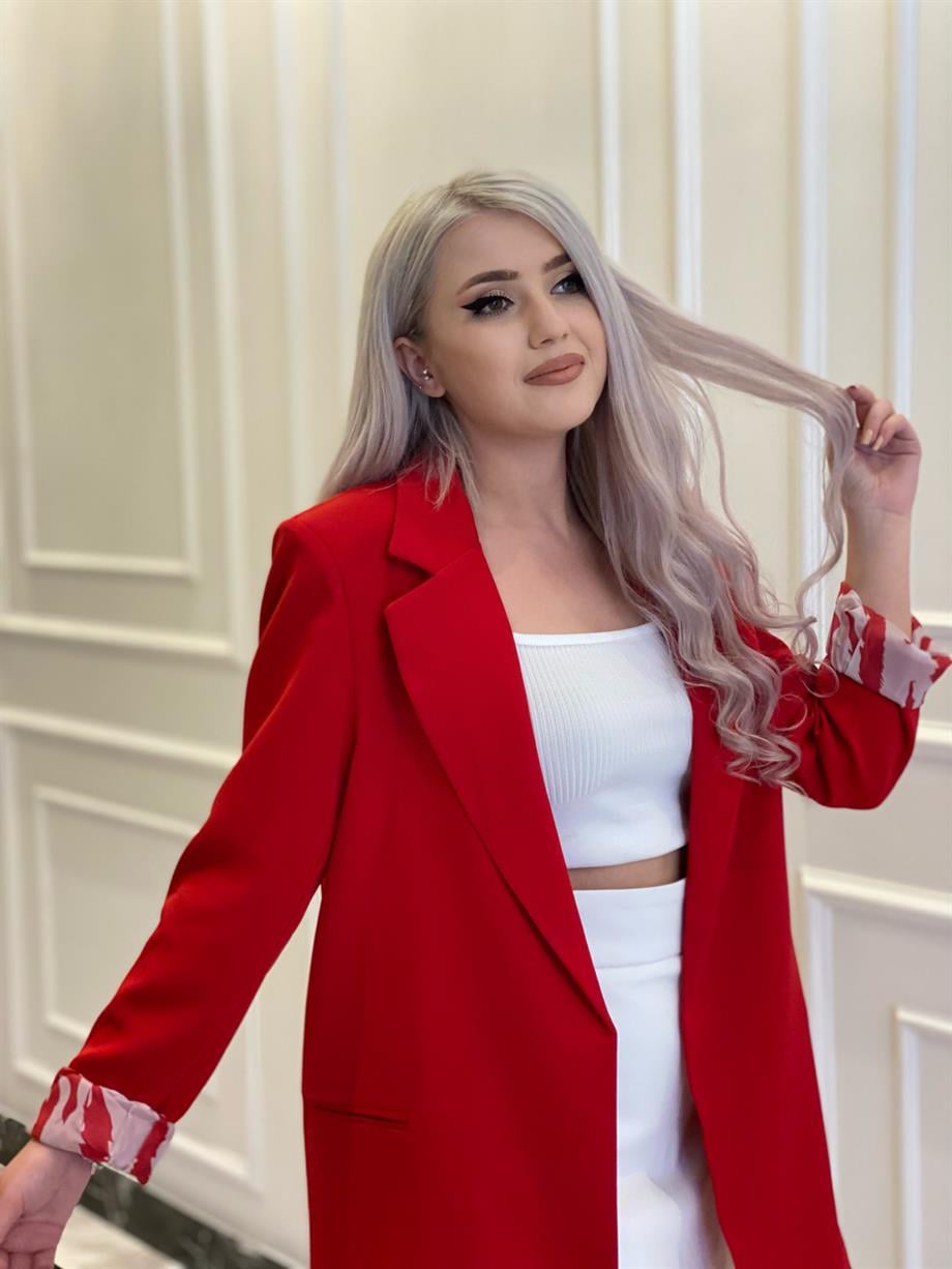 Kırmızı Astarı Zebra Desen Blazer